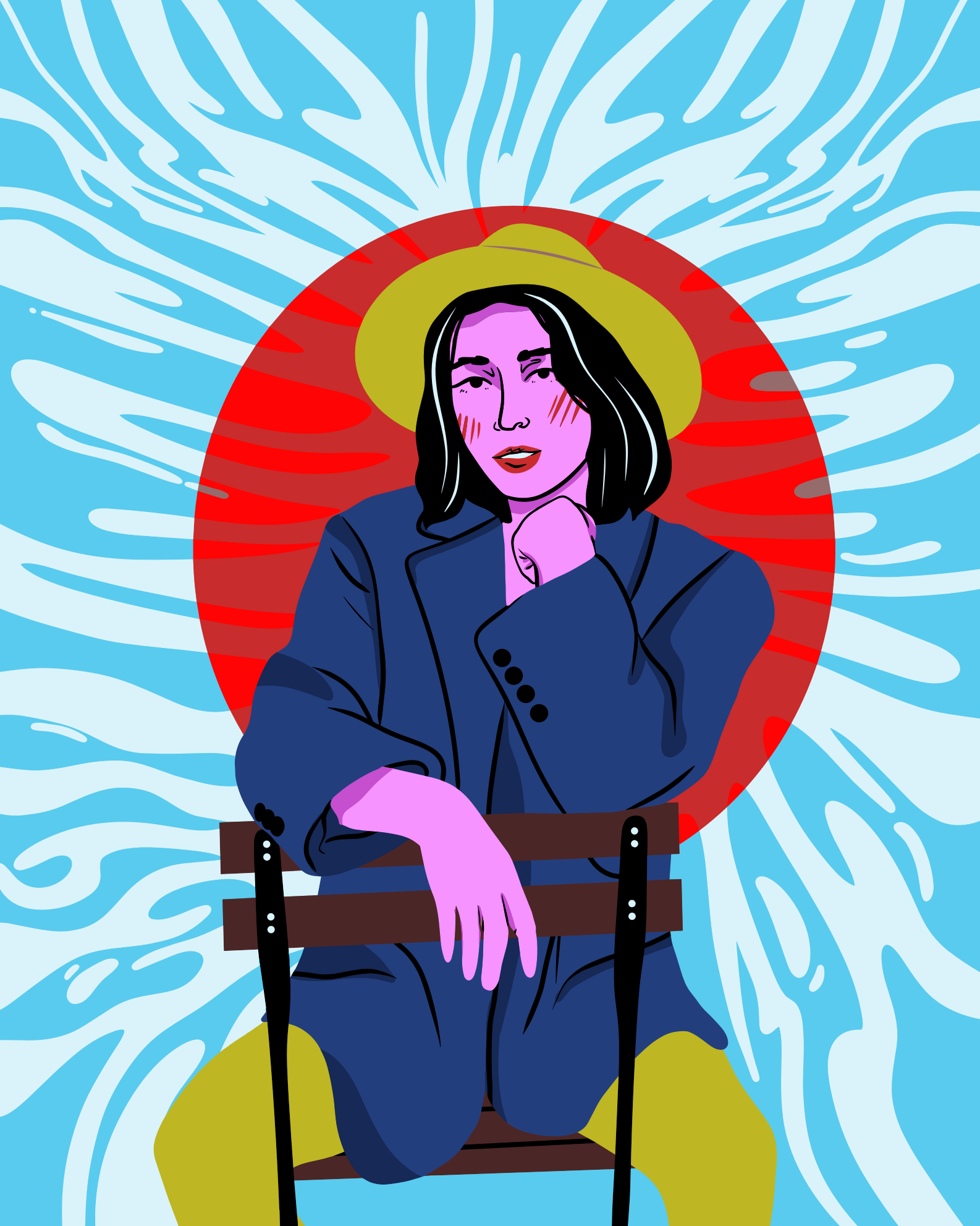 Woman in hat and blazer sitting on chair