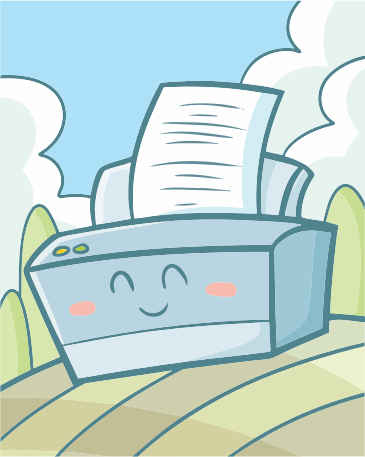 A smiling printer with paper in a field.