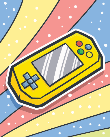 Yellow handheld gaming device on colorful background