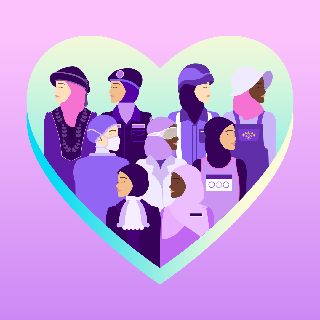 Diverse women in various professions within a heart