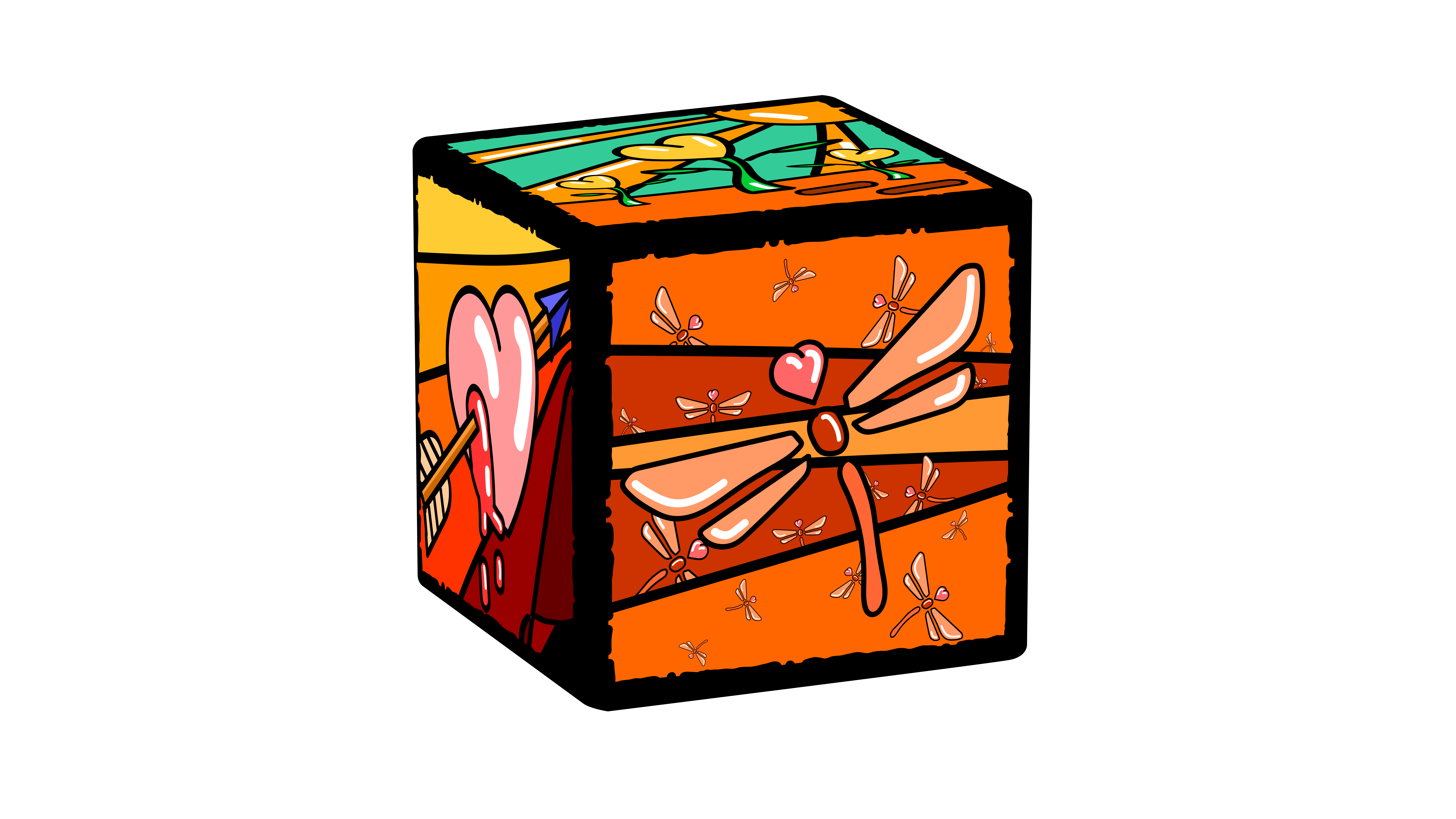 Un cubo decorado con patrones coloridos y una libélula.