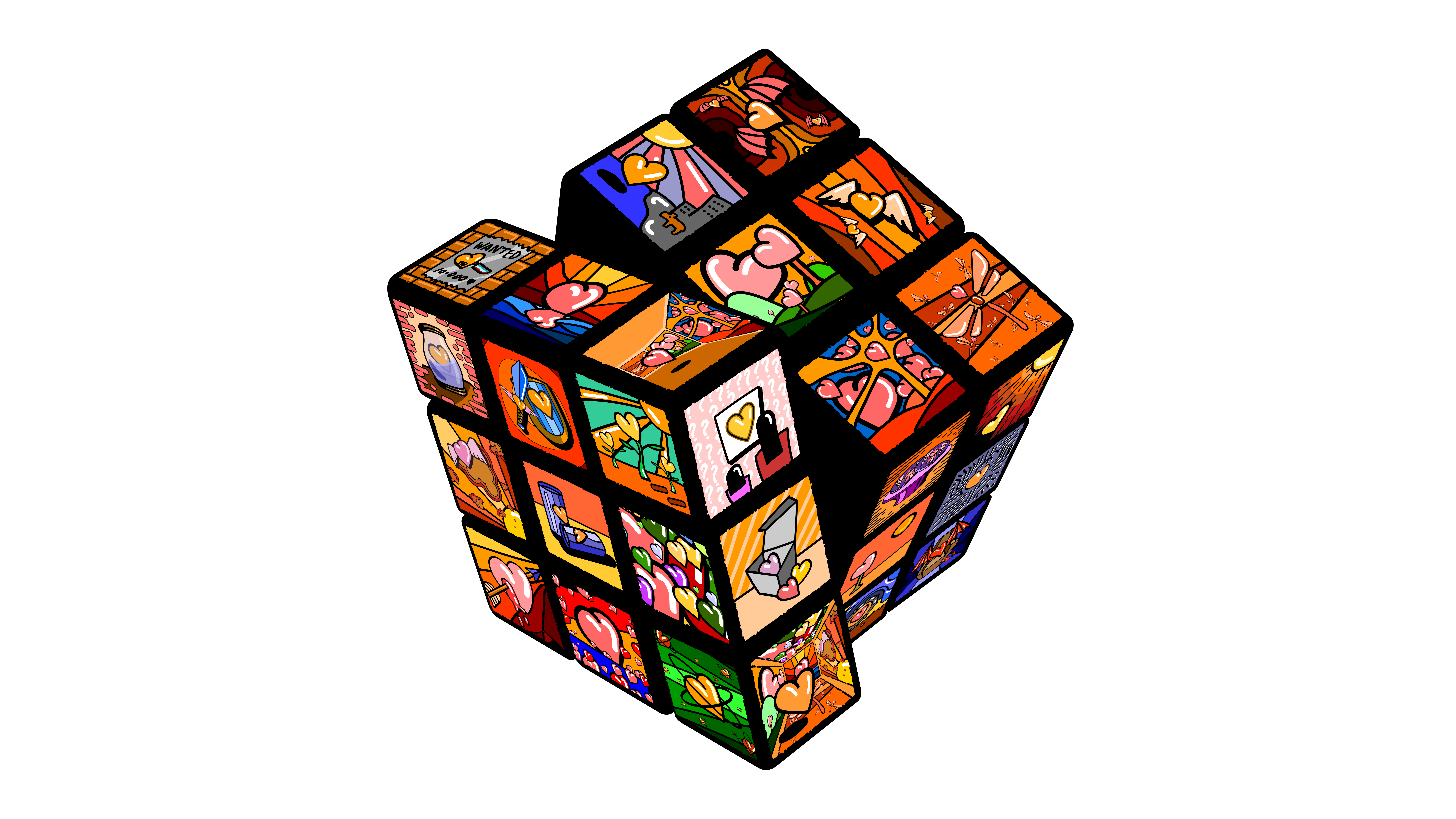 Ein Rubik's Cube mit Cartoonfiguren auf den Gesichtern