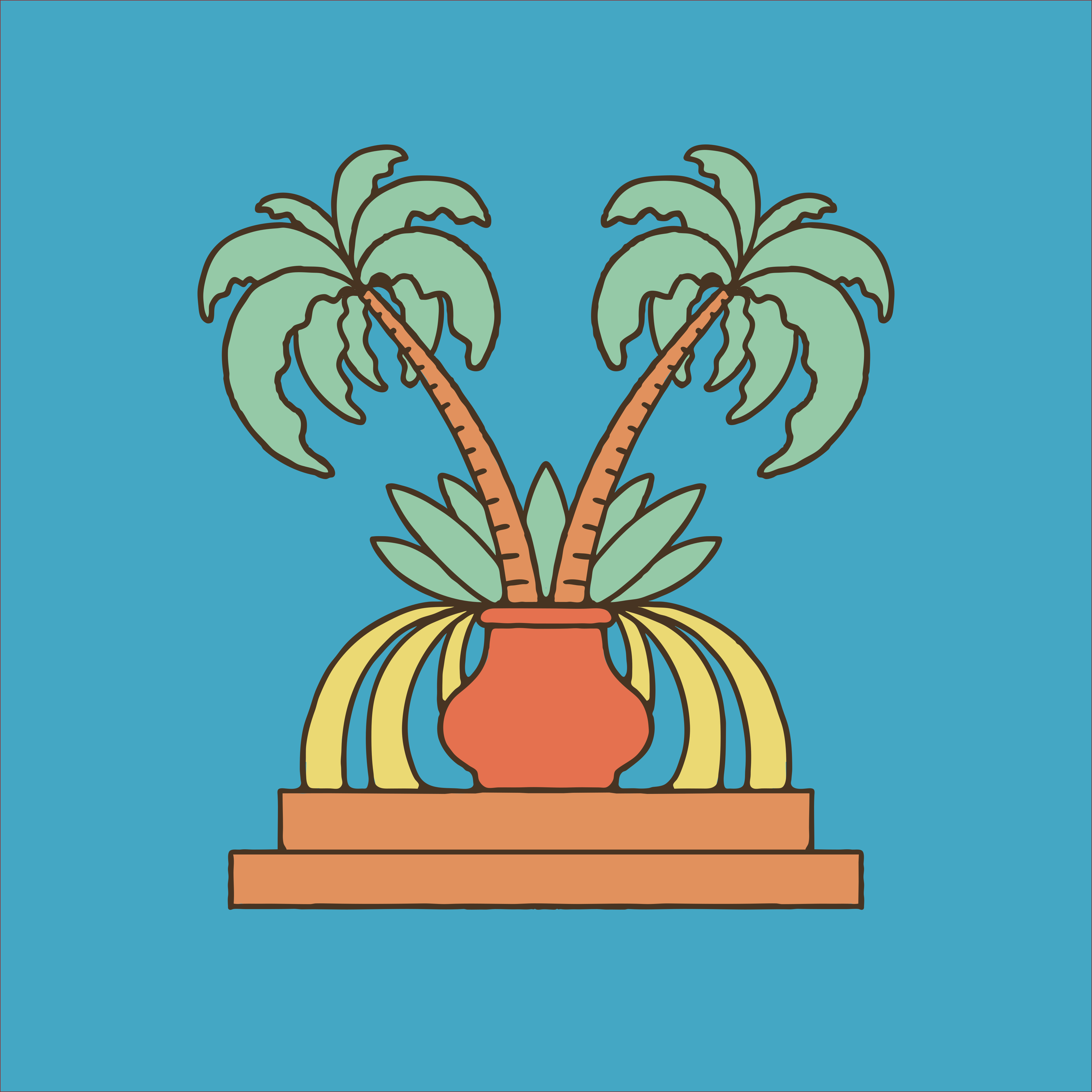 Two palm trees in a pot on a platform.