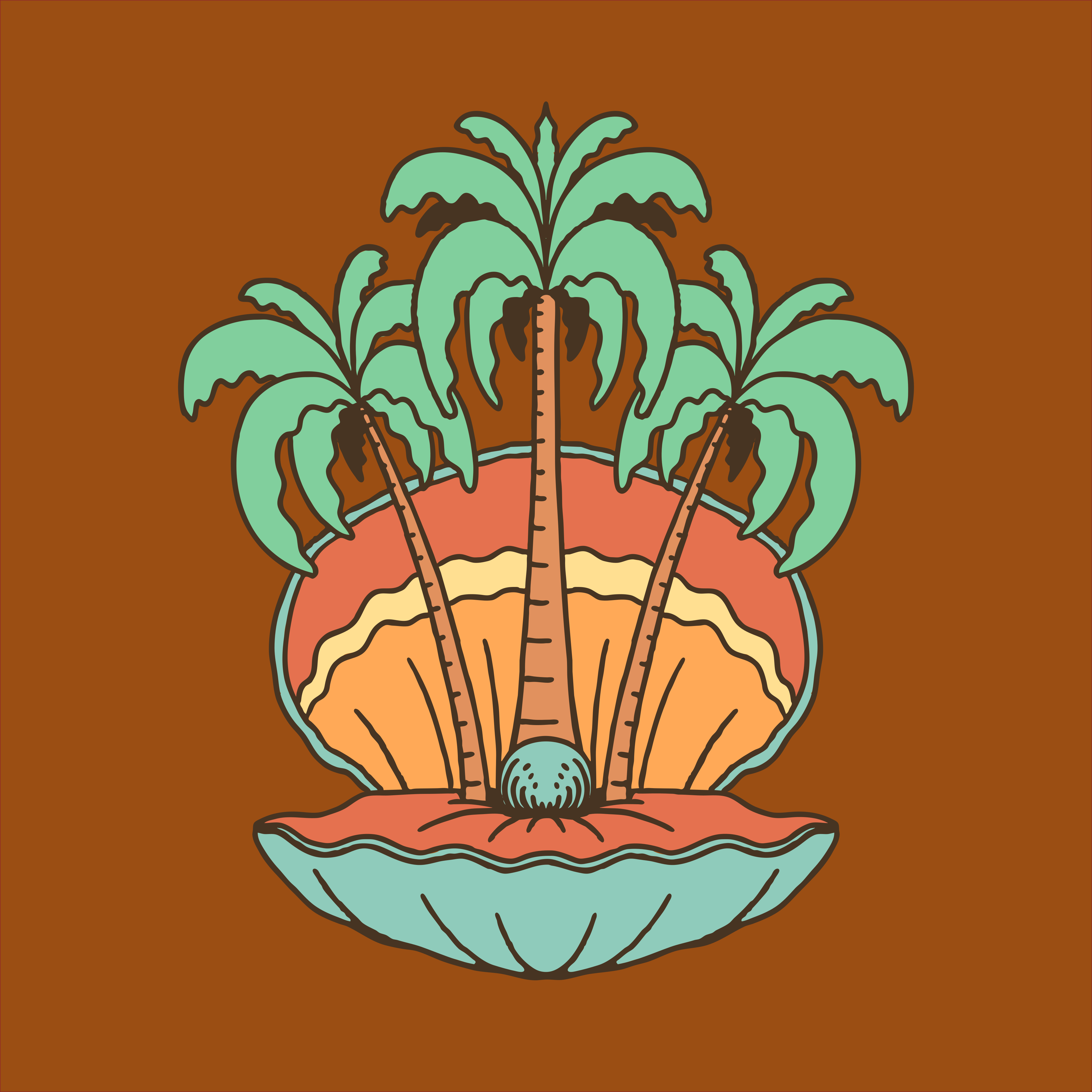 Three palm trees inside a seashell with waves