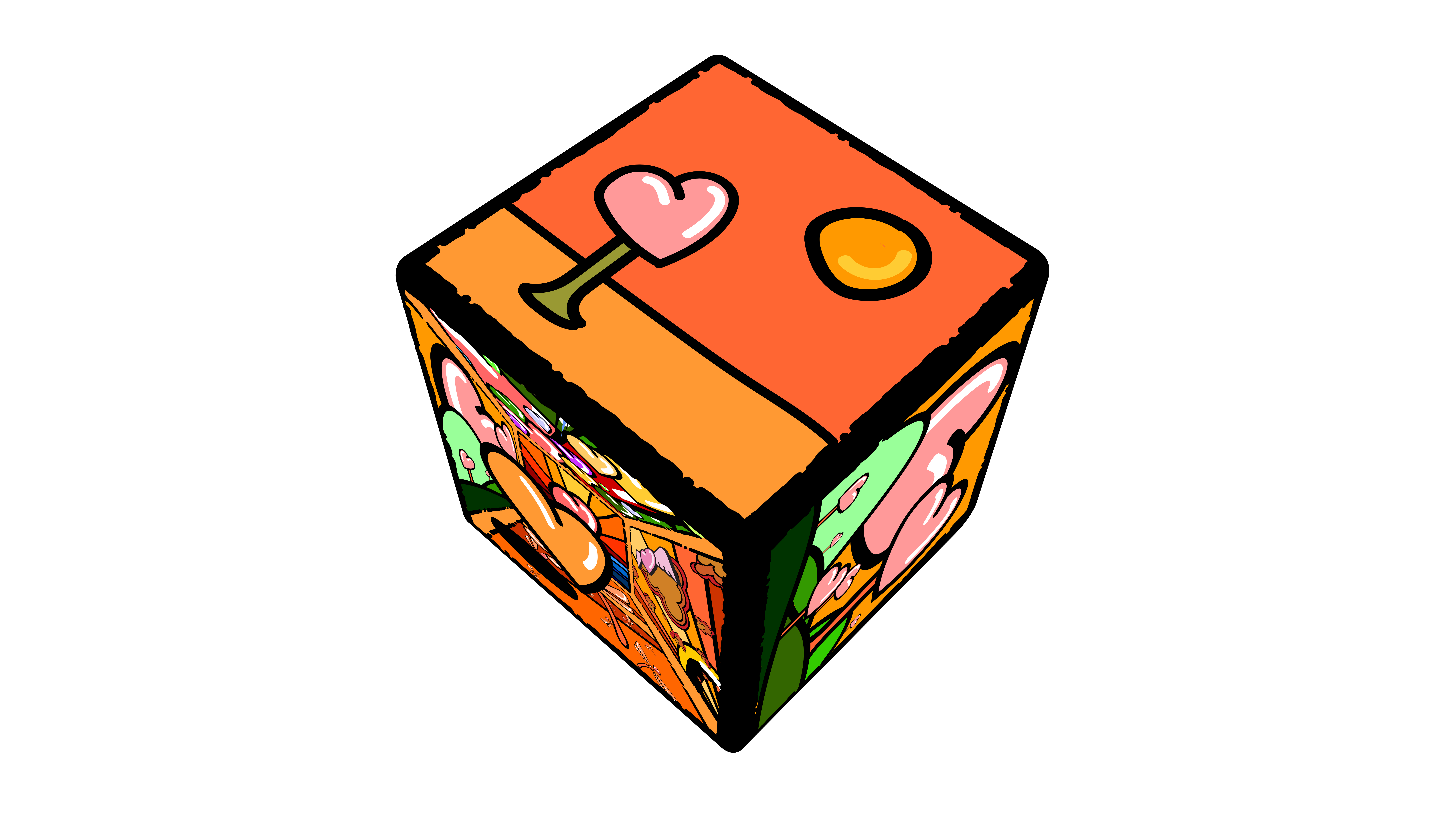 Ein bunter Würfel mit Cartoon-Zeichnungen