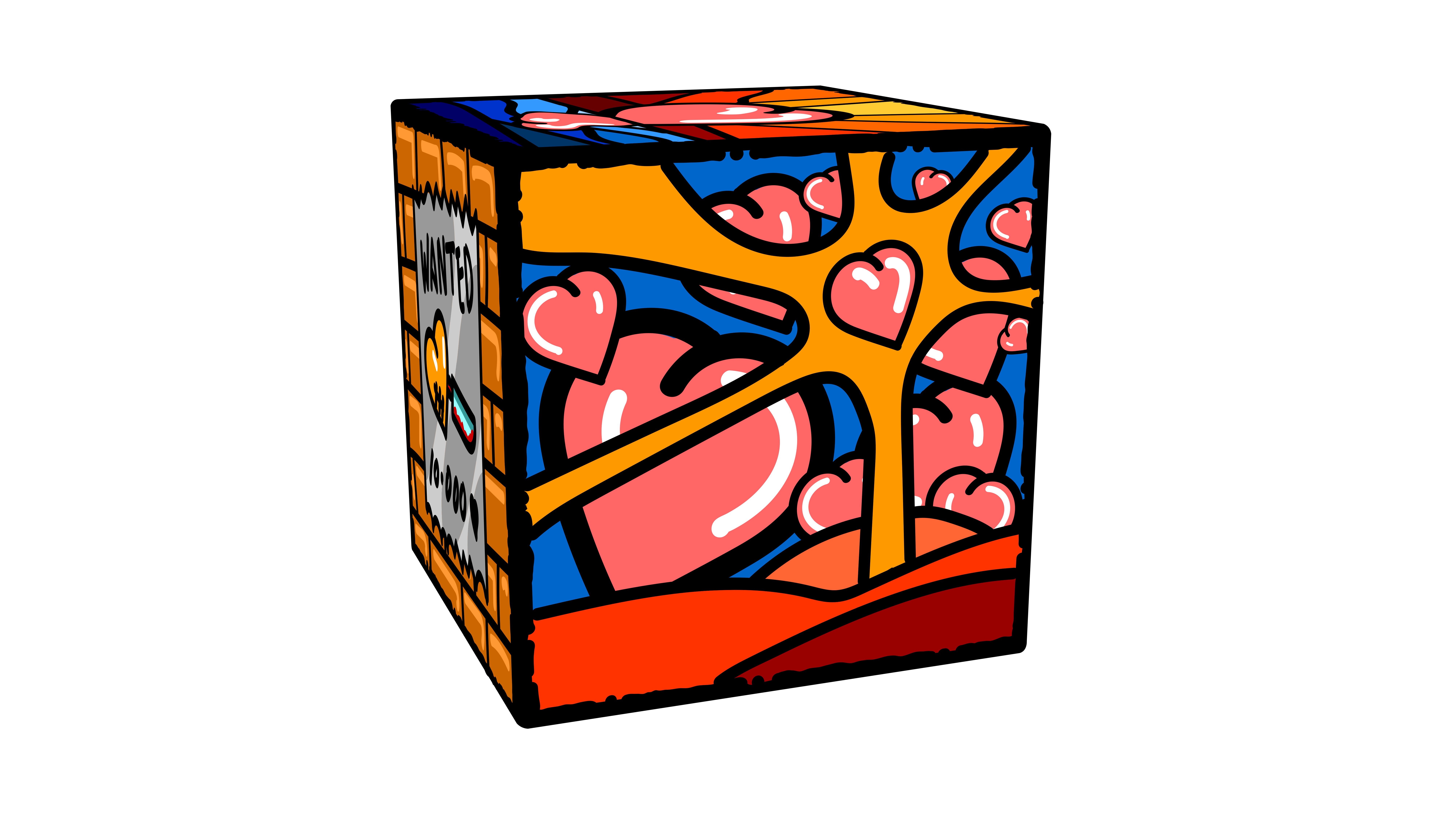 Cubo colorato con motivi a forma di cuore e motivi astratti.