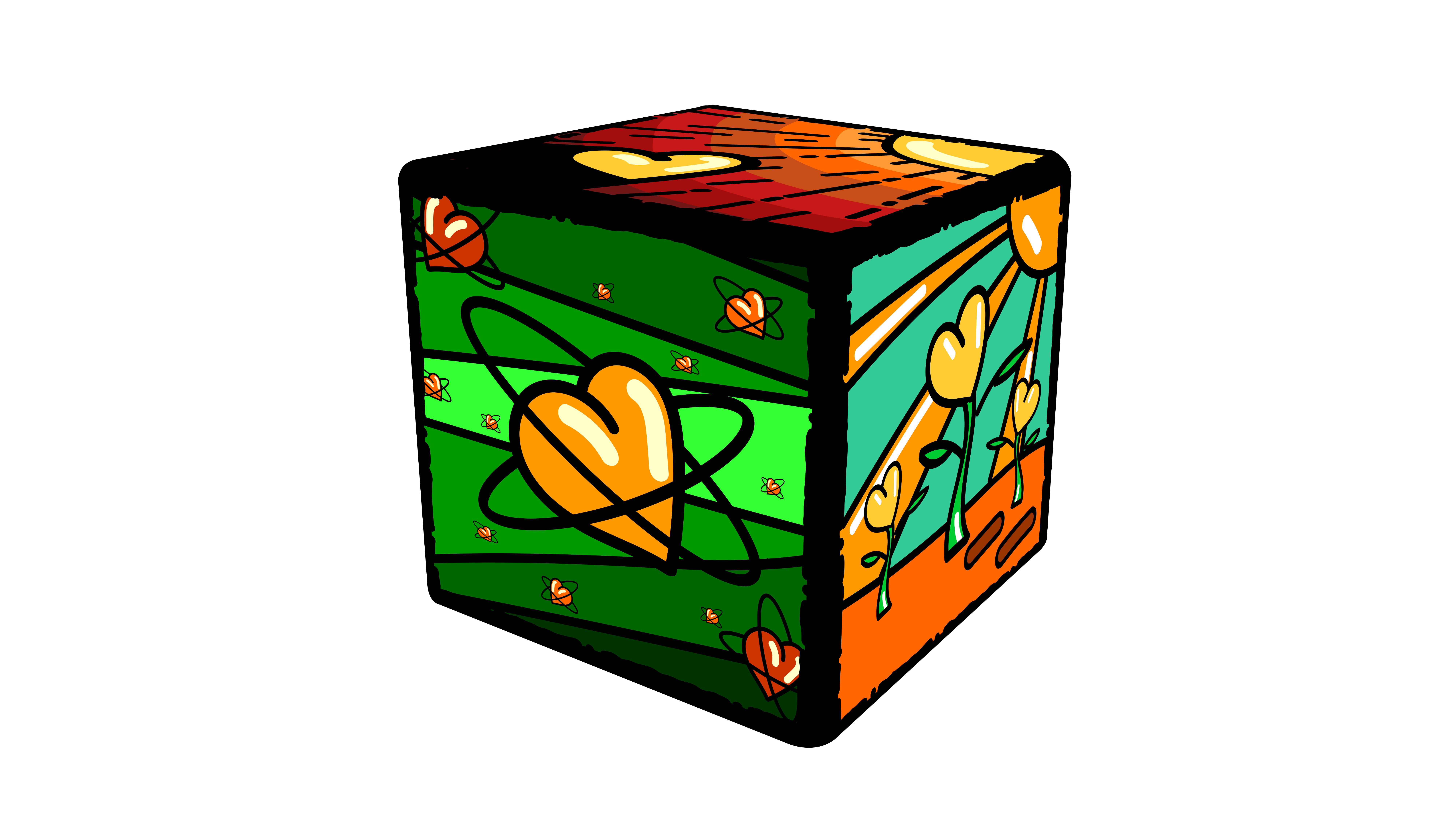 Un cubo colorido con diseños de corazones y rayas verdes