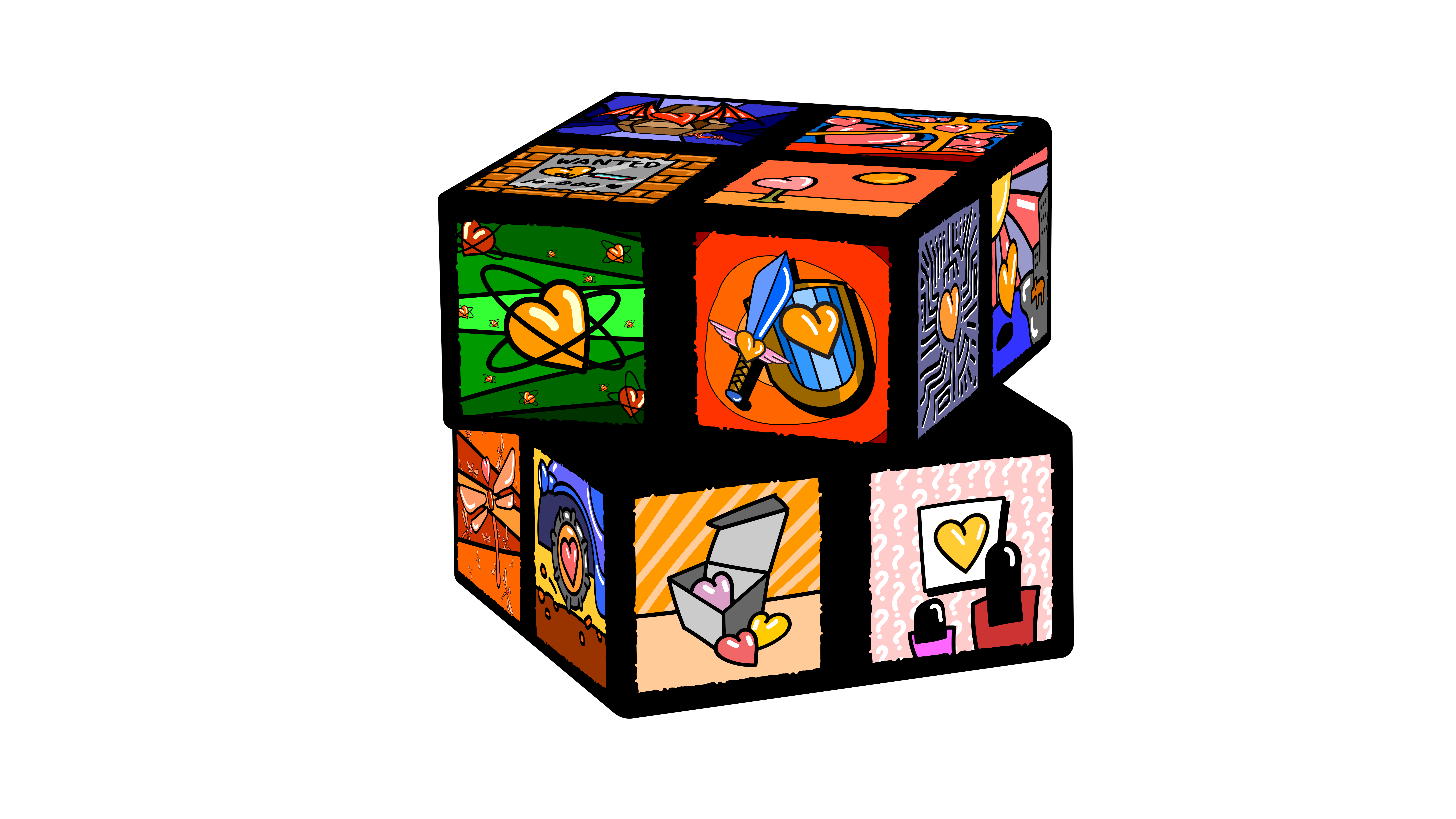 A cube with different cartoon hearts on each side.