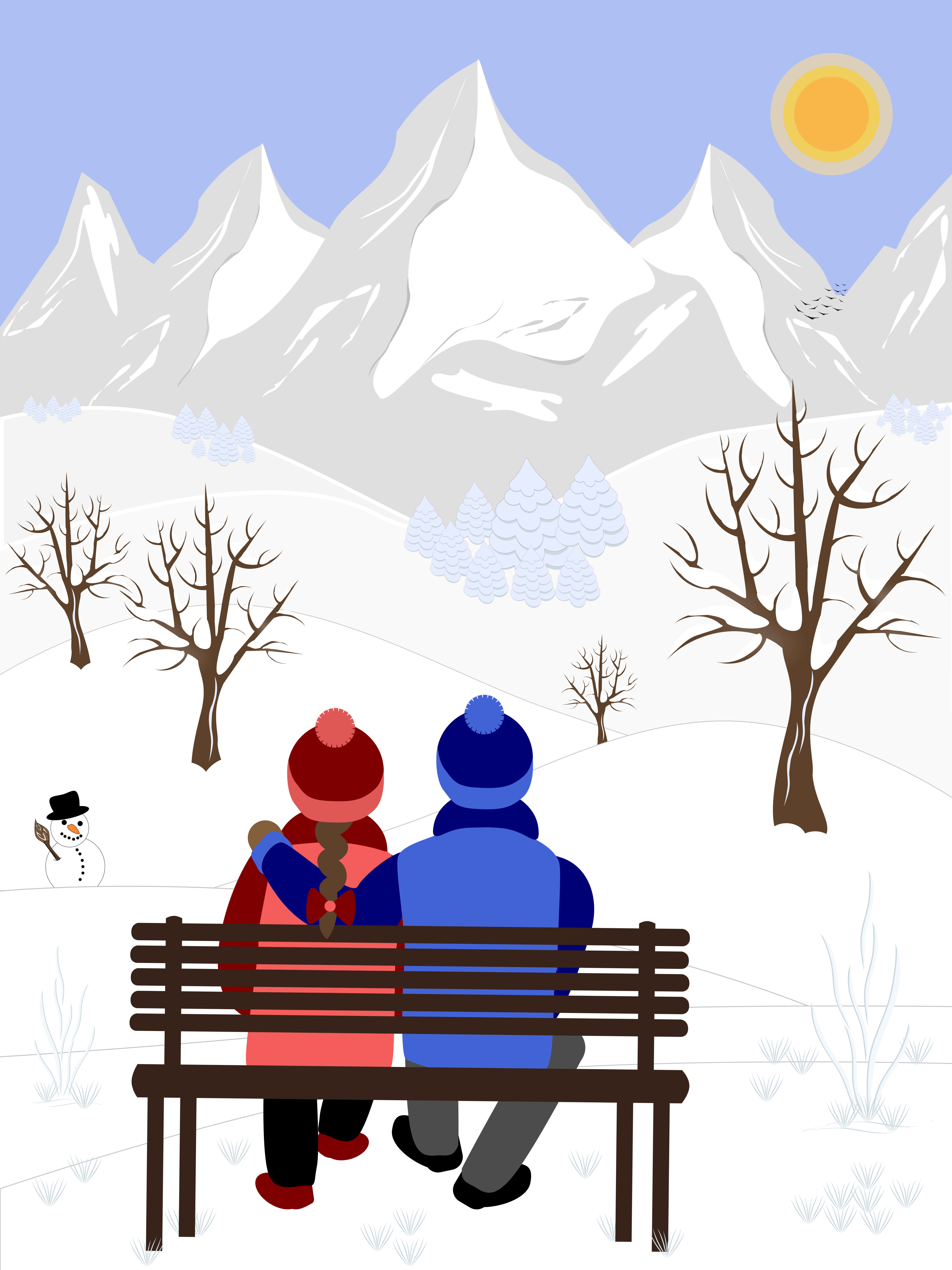 Couple sitting on bench watching snowy mountains