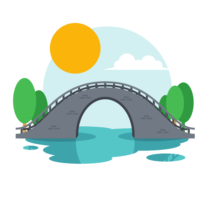 Pont de pierre au-dessus d’une eau calme avec des arbres et du soleil