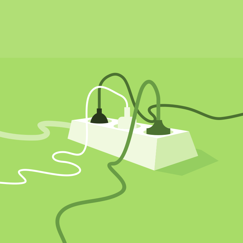 Power strip with tangled white and green cords