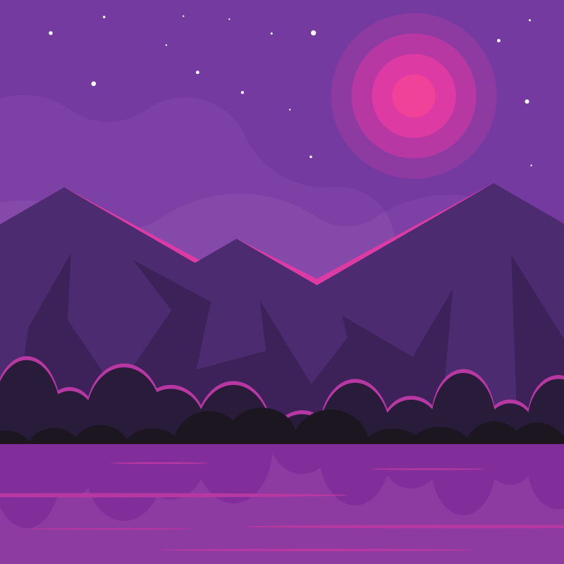 Des montagnes violettes reflétées dans l’eau sous un ciel étoilé.