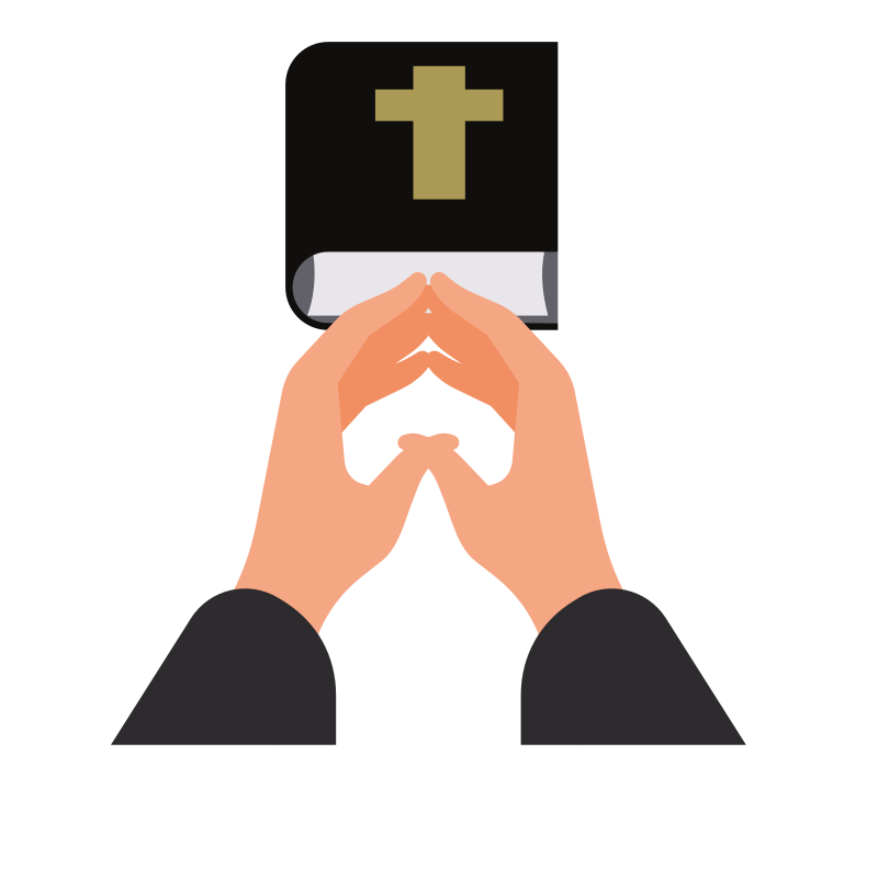 Mãos entrelaçadas em oração sobre uma bíblia.