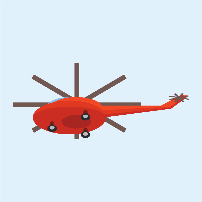 A red helicopter with six rotor blades