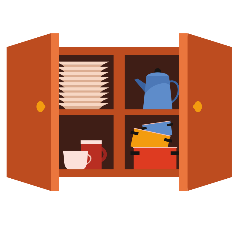 Open kitchen cabinet with dishes and teapot
