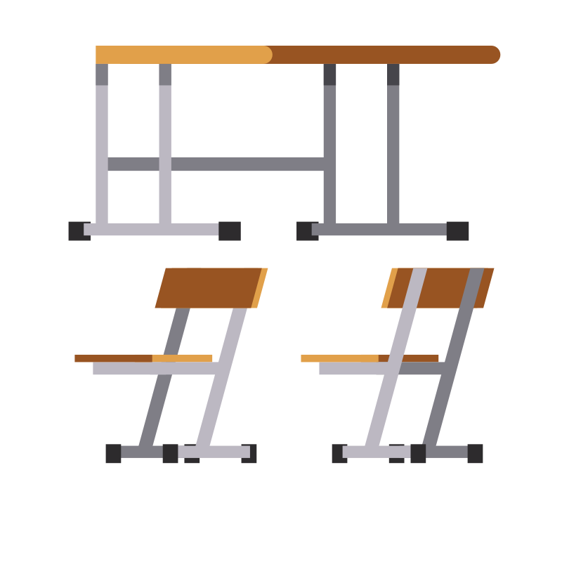 Ein Schreibtisch und zwei Stühle auf weißem Hintergrund