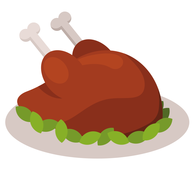 A roasted chicken on a platter with garnish