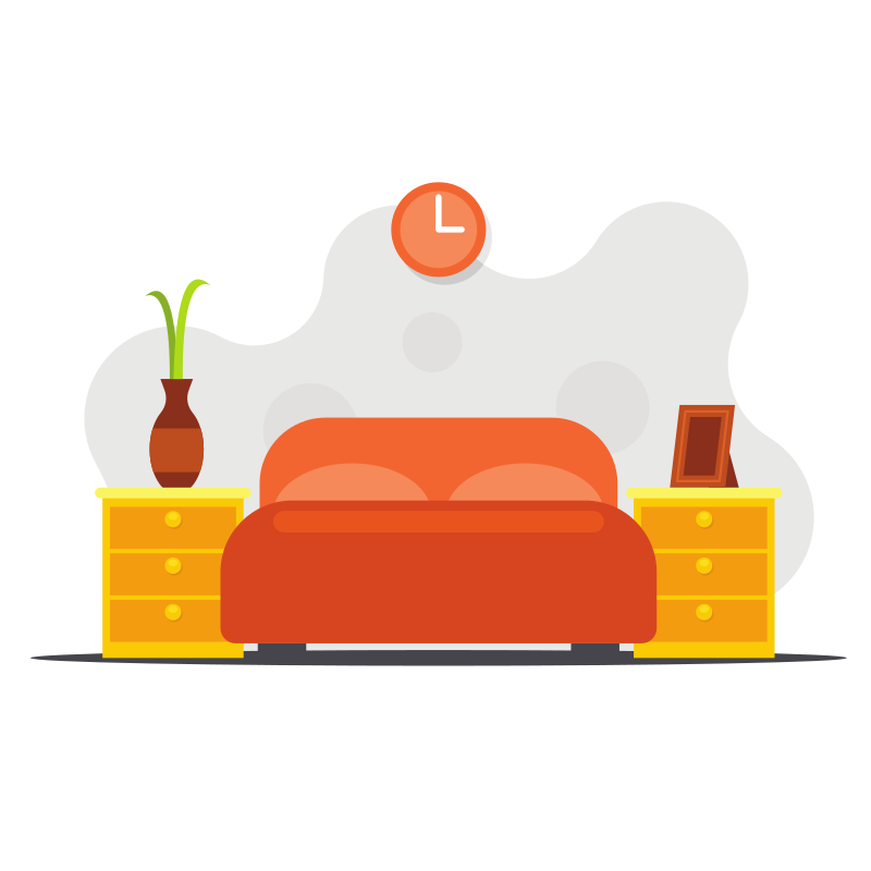 A bed with nightstands and a clock.