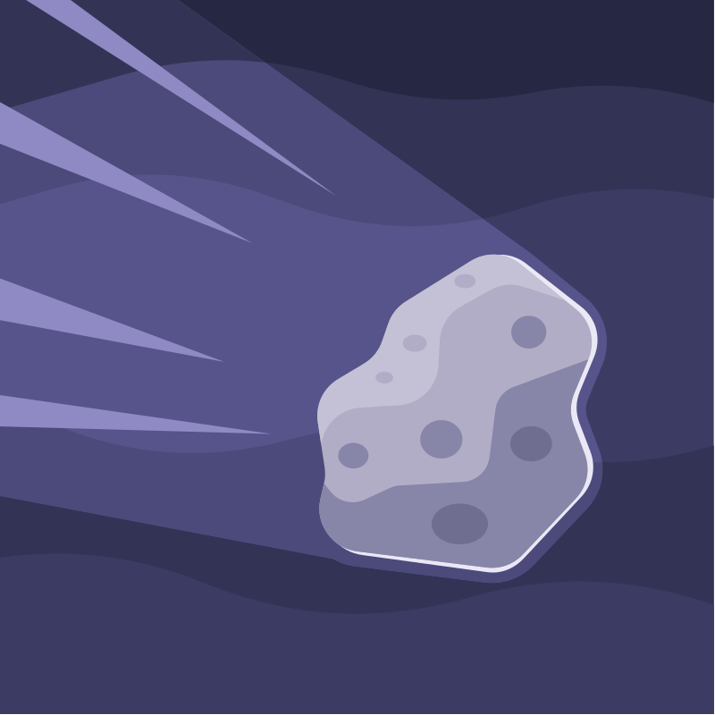 A grey asteroid with craters streaks through space.