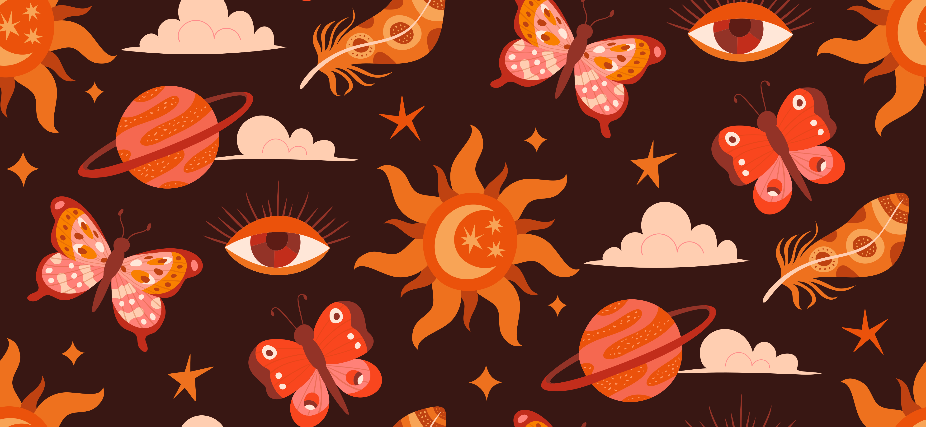 Cosmic pattern with suns, moons, planets, and butterflies.