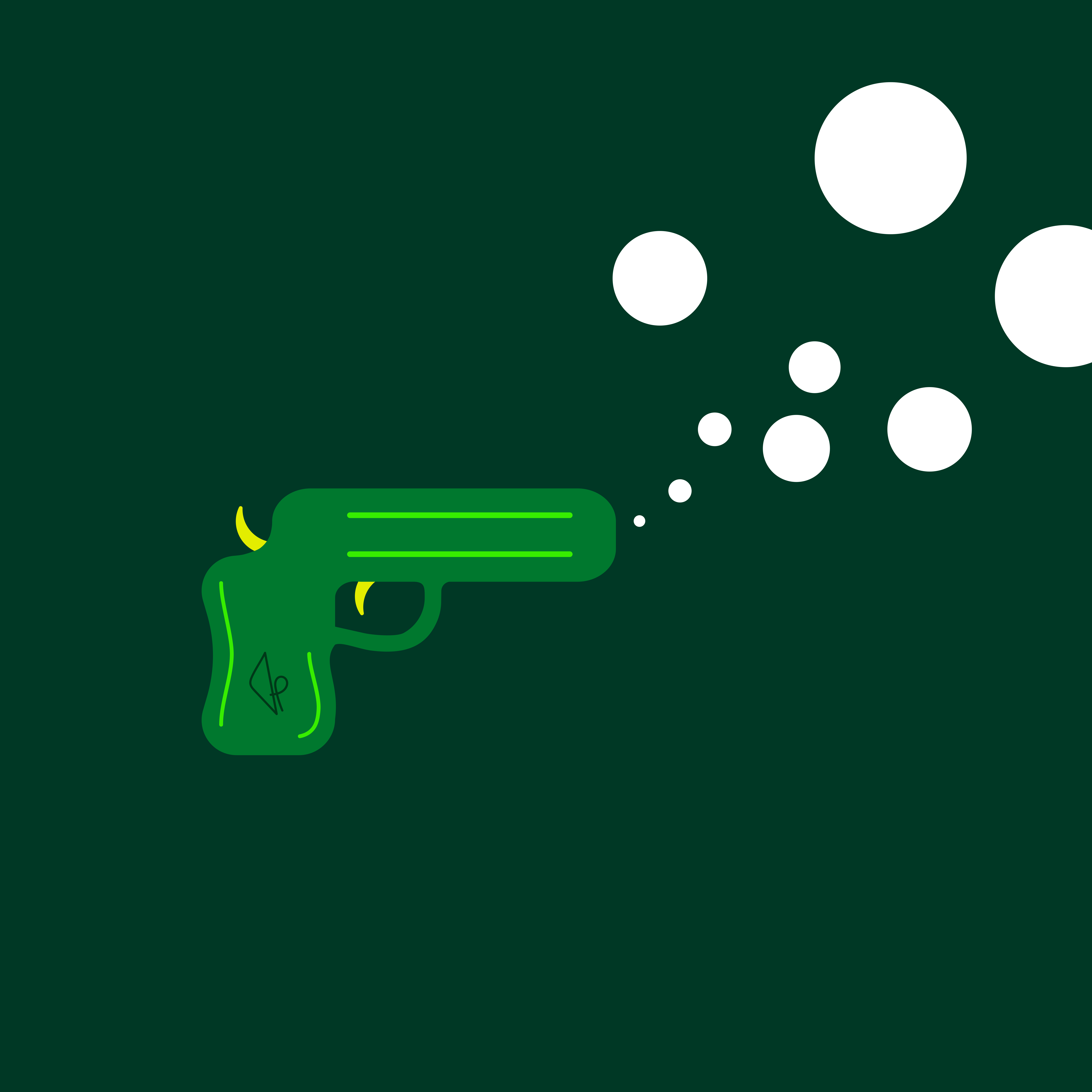 Green water gun shooting bubbles on a dark green background