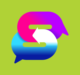 Two speech bubbles with a white arrow