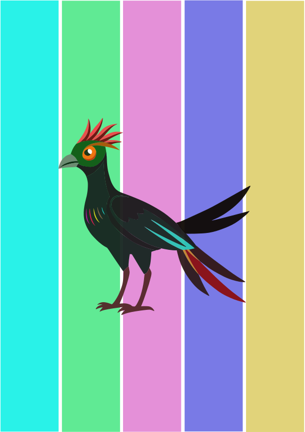 A stylized black bird with colorful tail feathers.