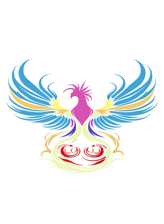 Stylized phoenix with colorful wings and ornate base