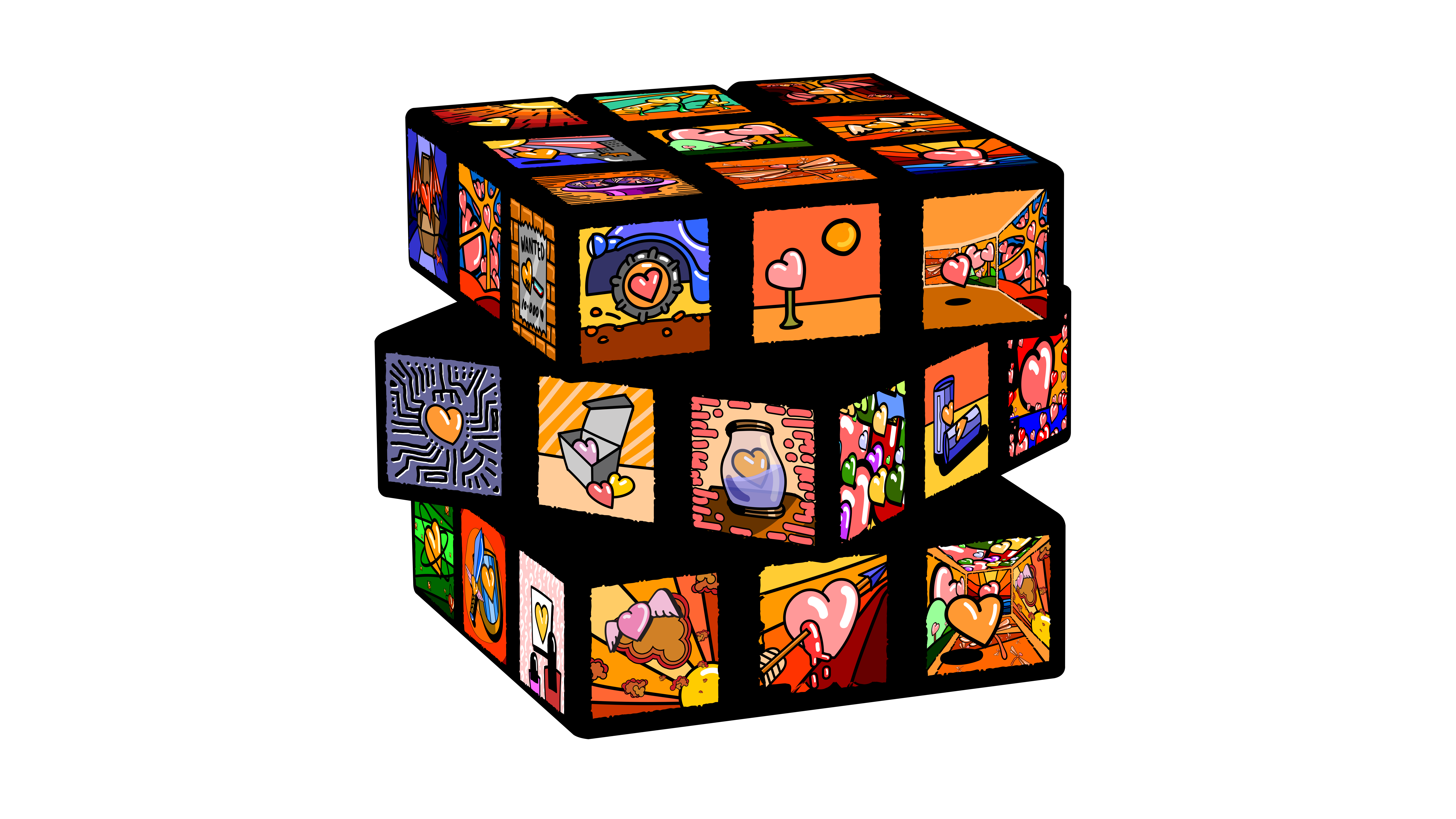 Un cubo de Rubik con imágenes de dibujos animados en sus caras