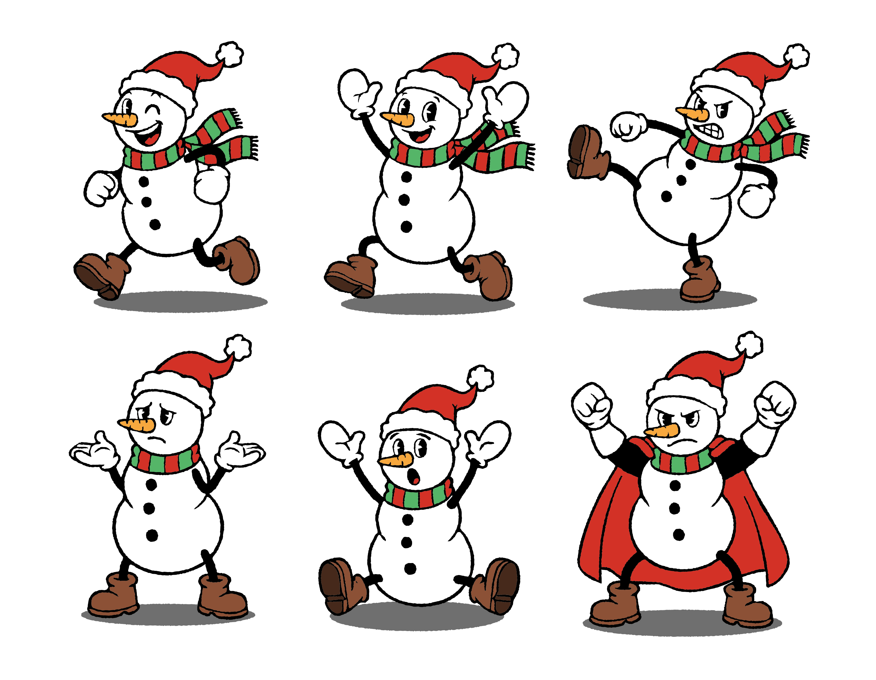 Six cartoon snowmen in various poses and expressions.