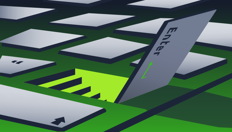 Enter key emerging from a green keyboard