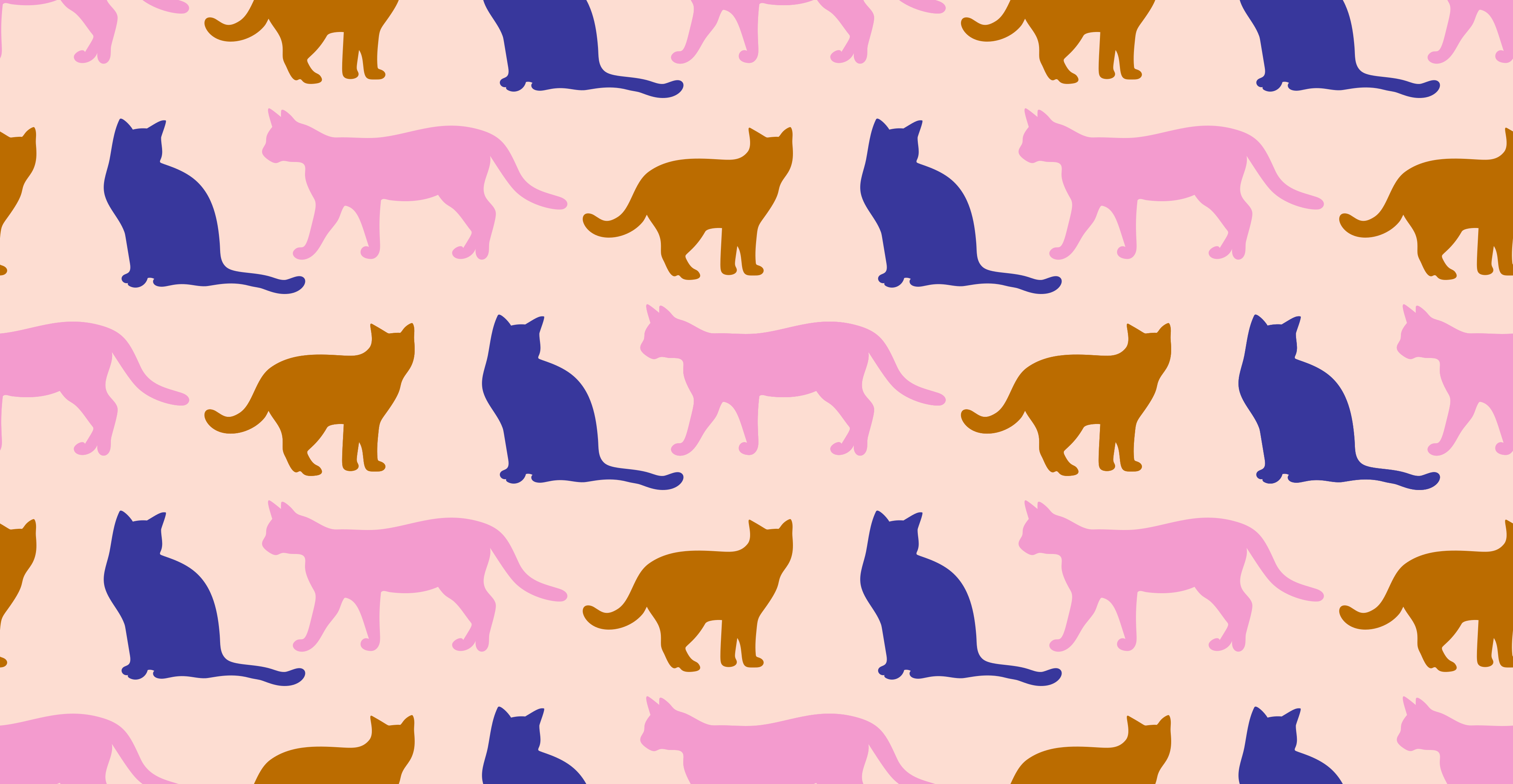 Pattern of colorful cat silhouettes on a pink background