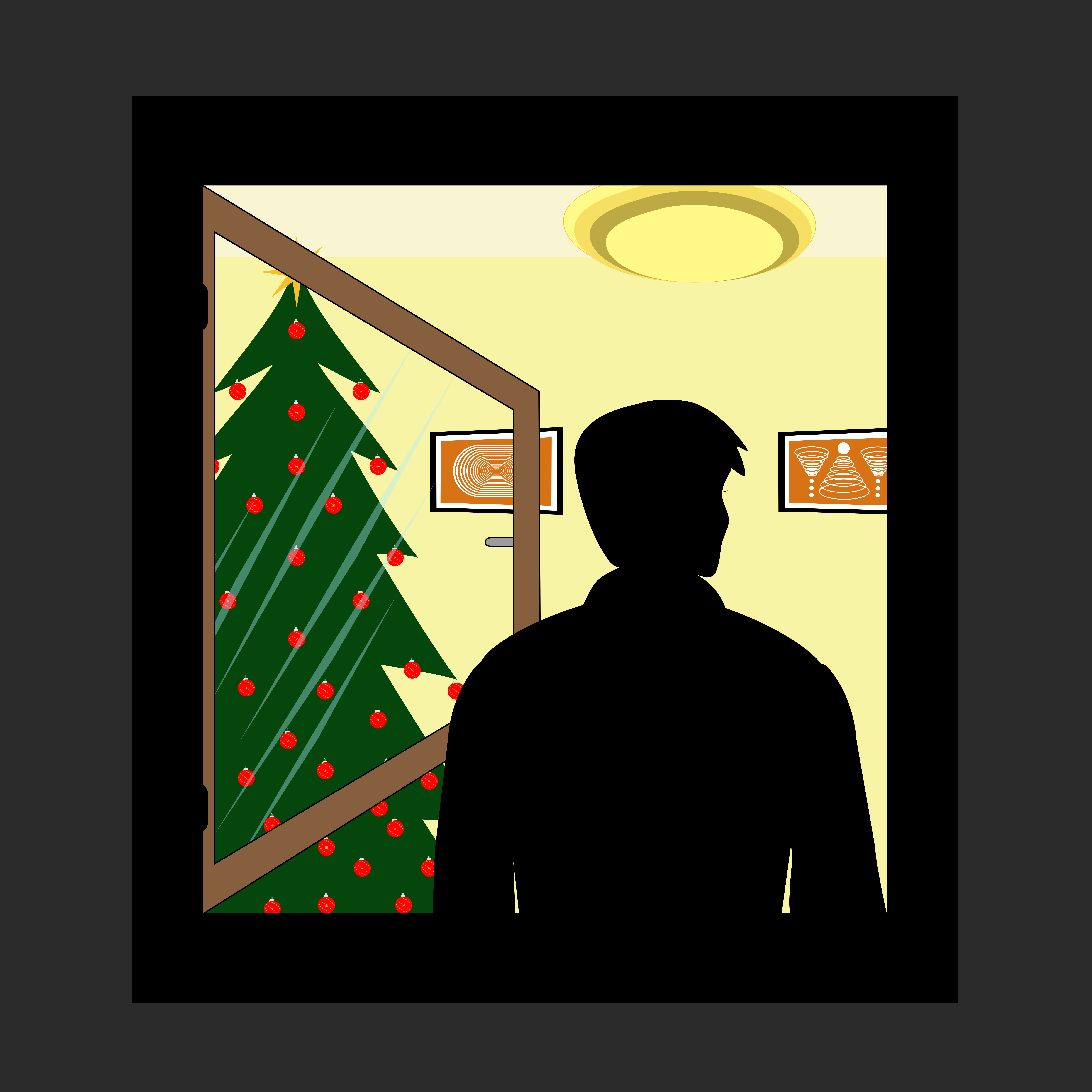 Silhouette of man looking at christmas tree indoors.