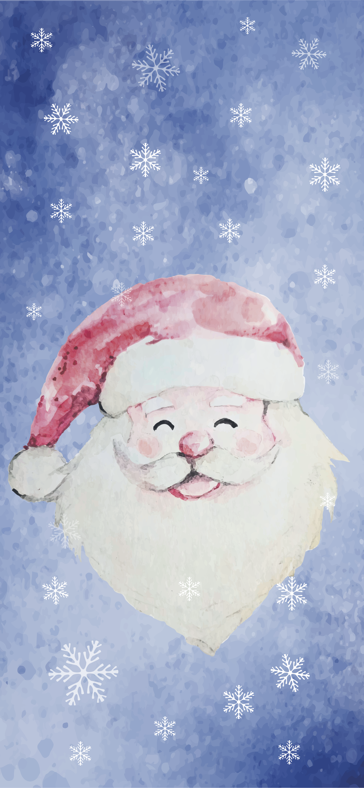 Watercolor santa claus with snowflakes on blue background
