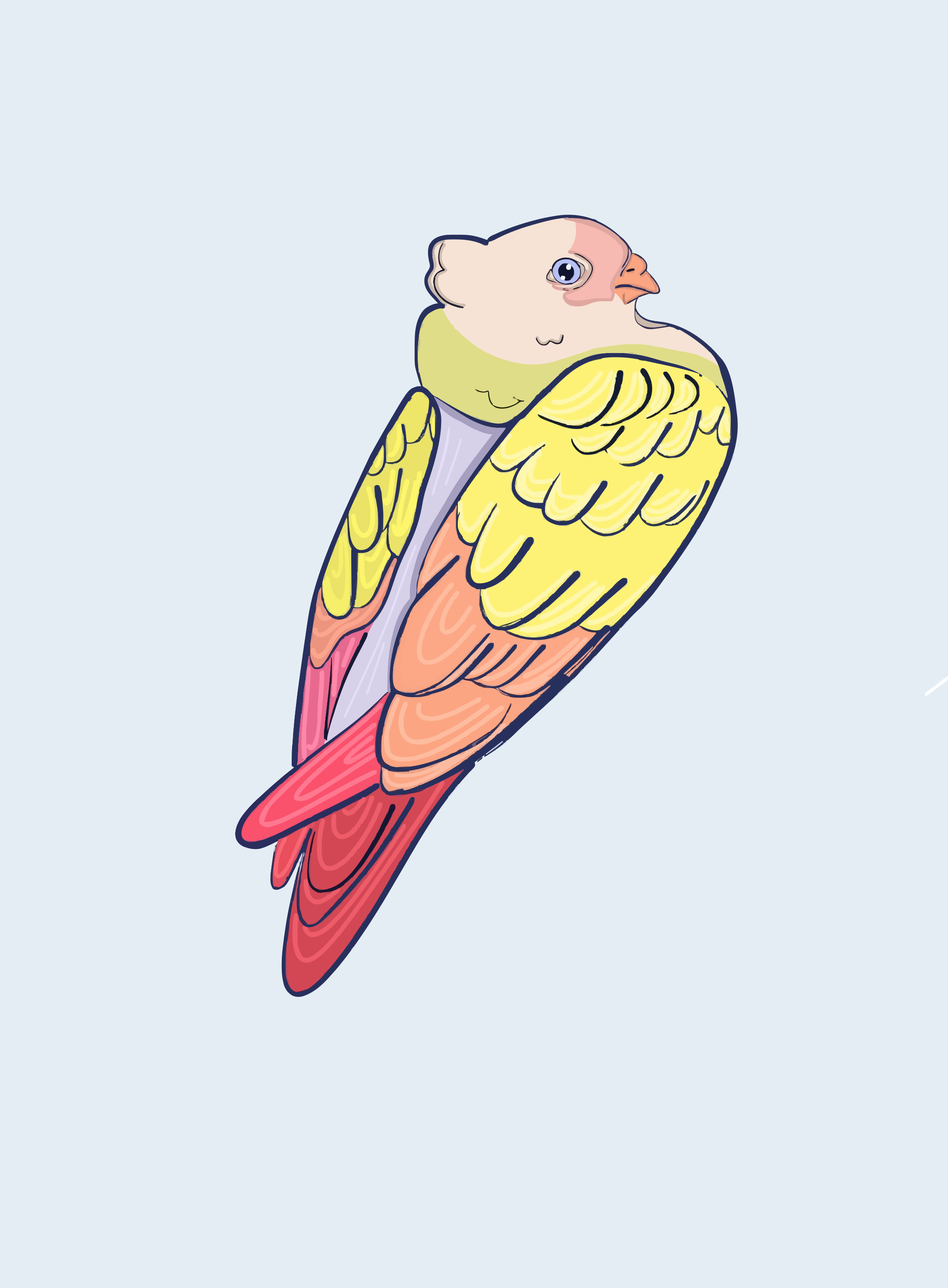 A stylized bird with yellow, pink, and orange feathers.