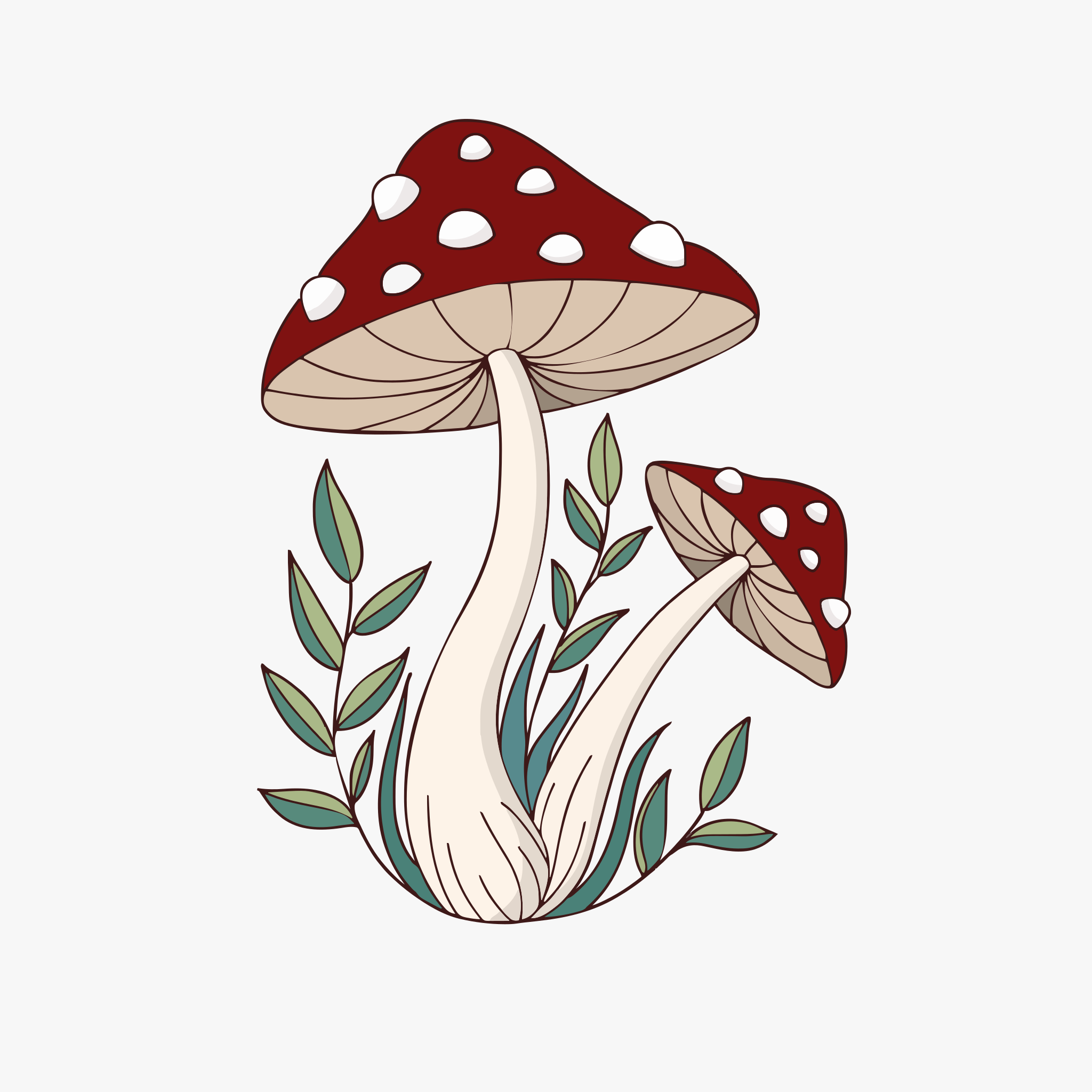 Two red mushrooms with white spots and green leaves