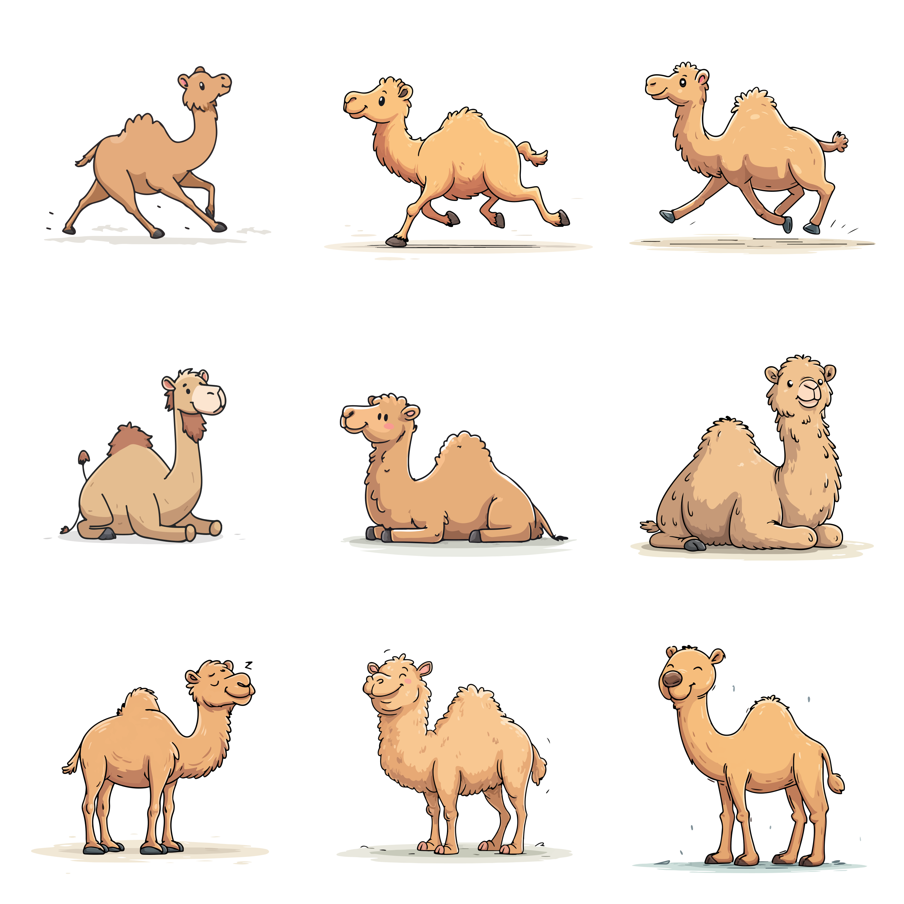 Nine camels in various cartoon poses.