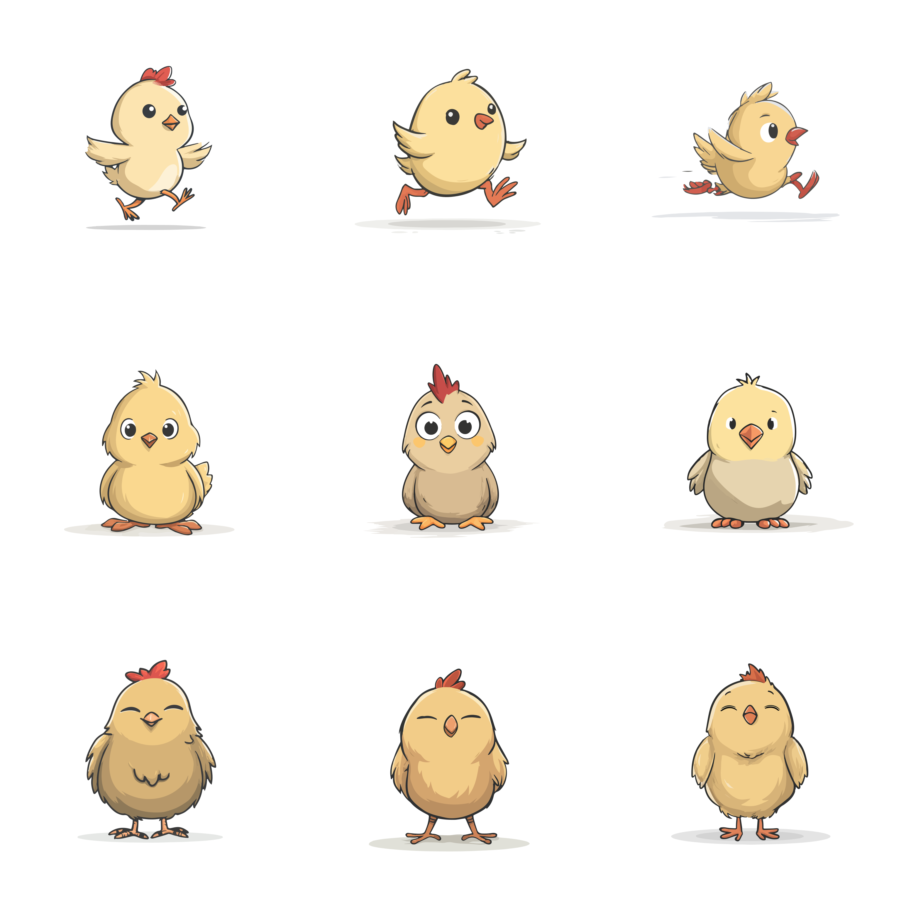 A collection of cute cartoon chicks in various poses.