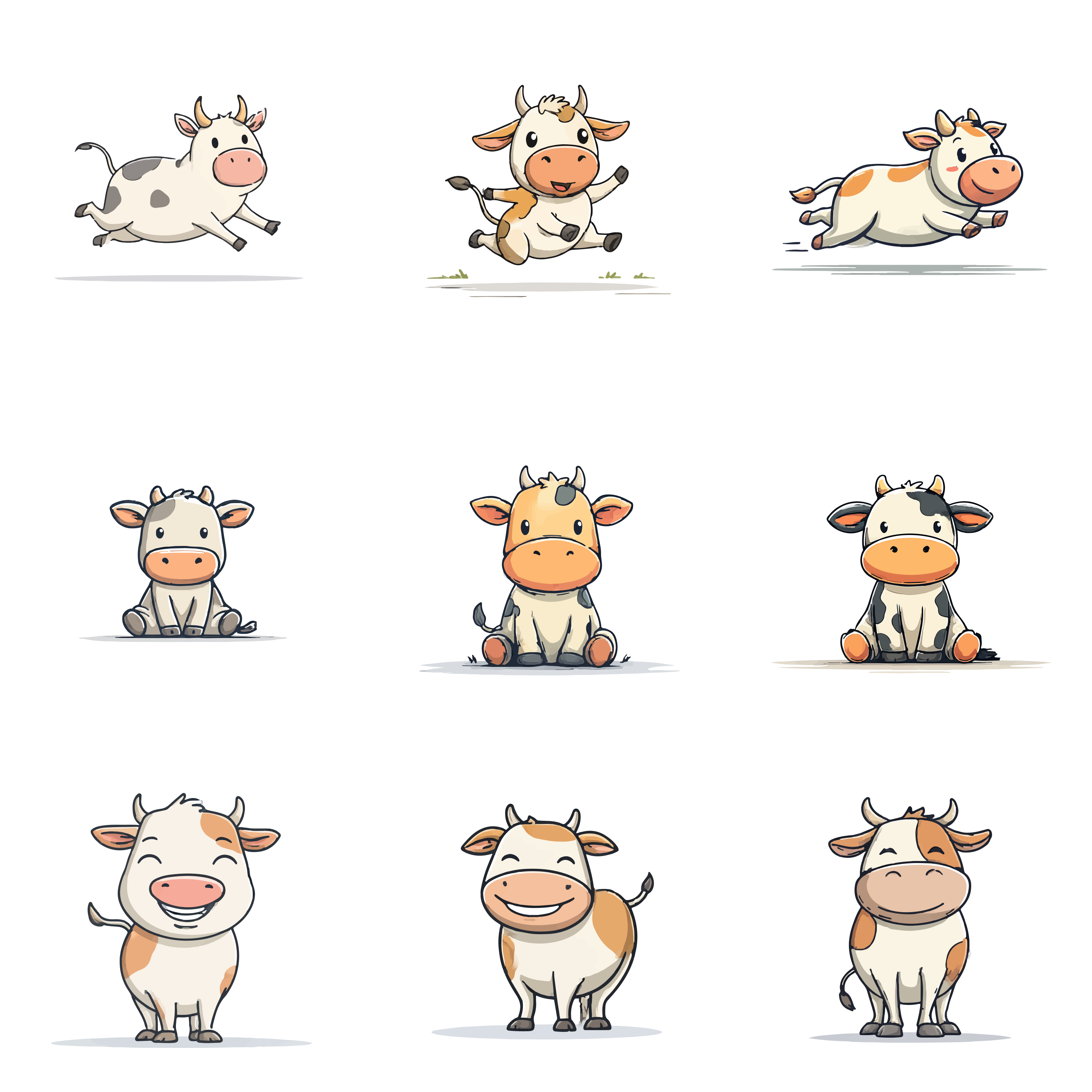 Collection of cute cartoon cows in various poses