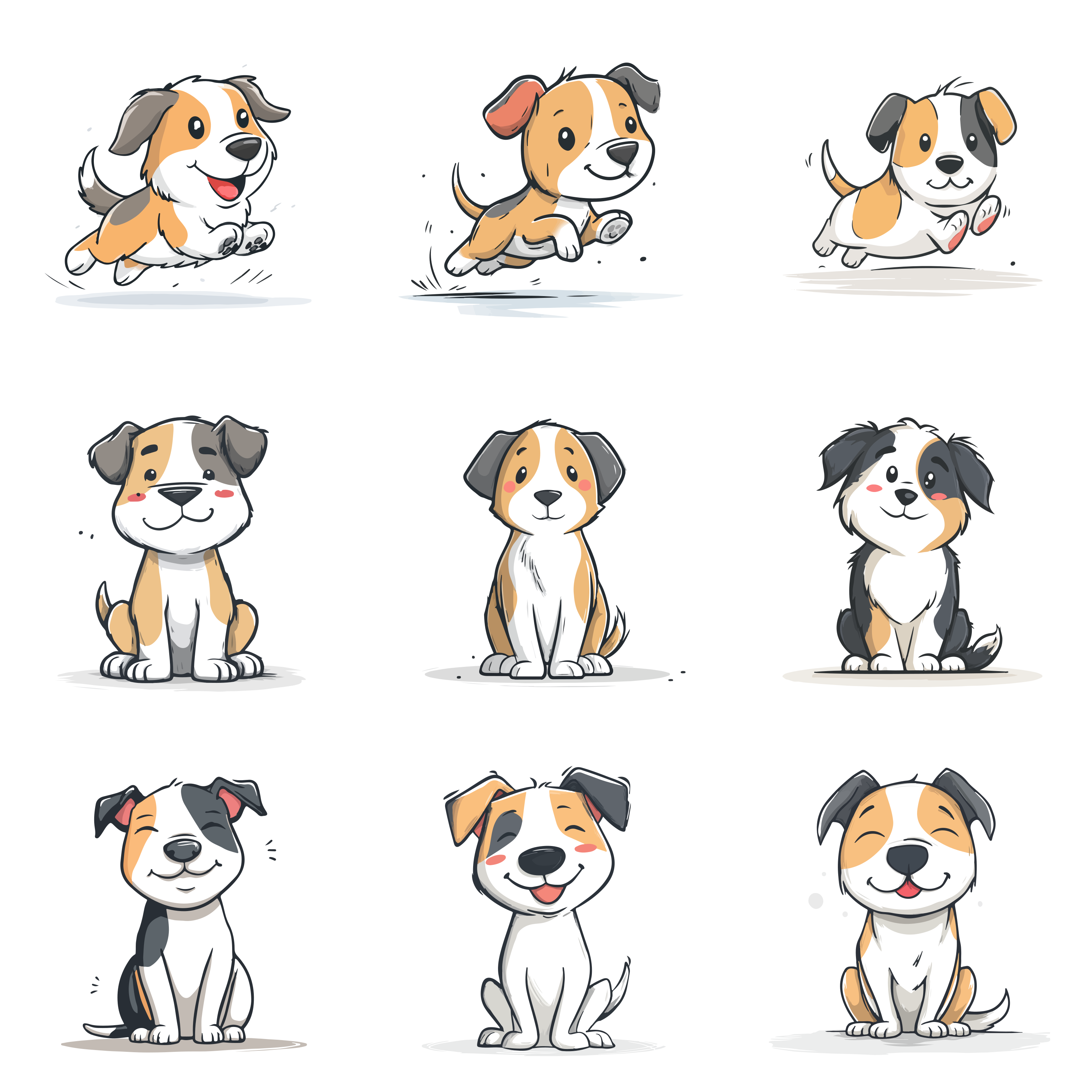 Collection of cute cartoon dogs in various poses.