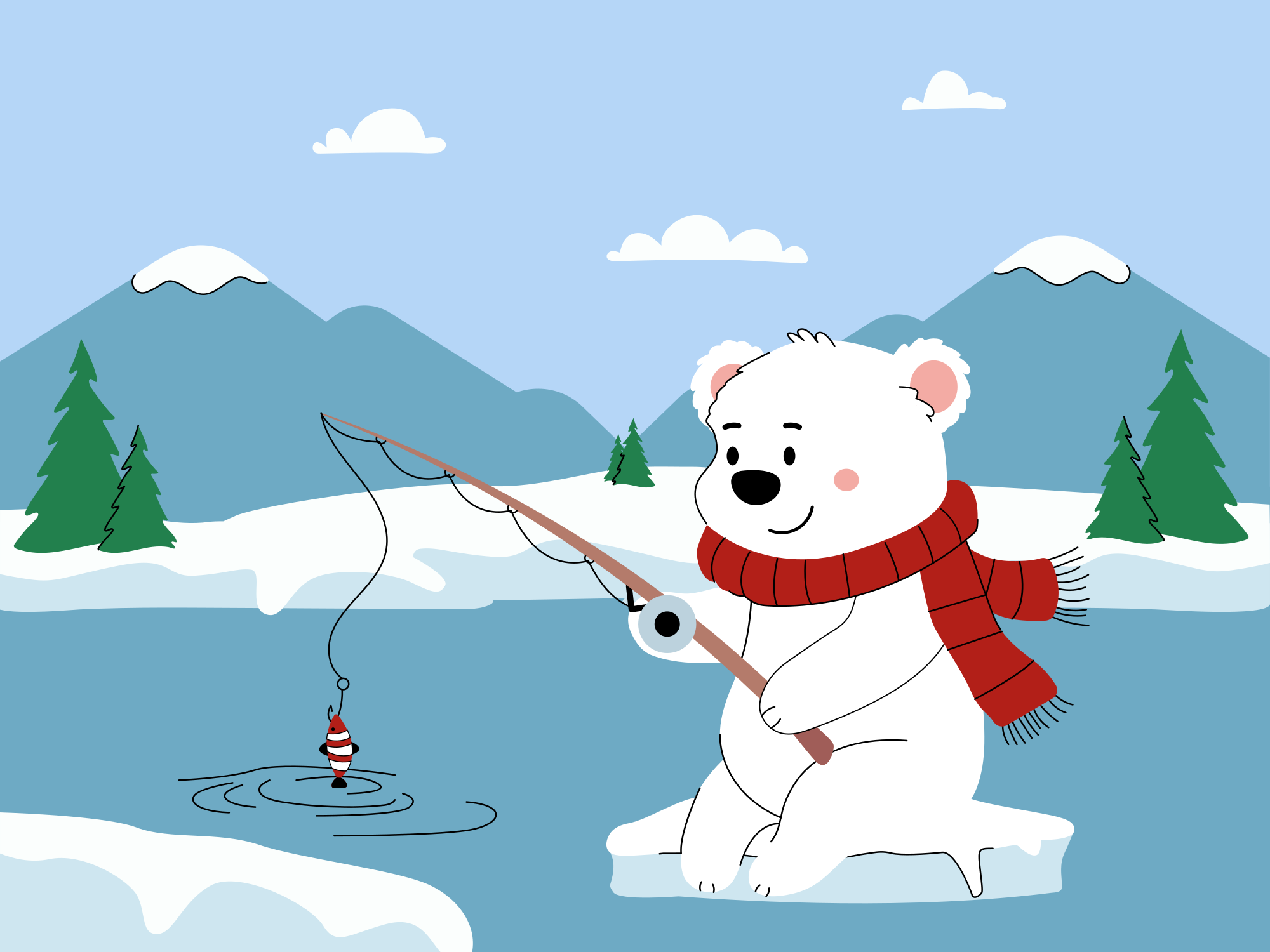 A polar bear fishes on an icy landscape.