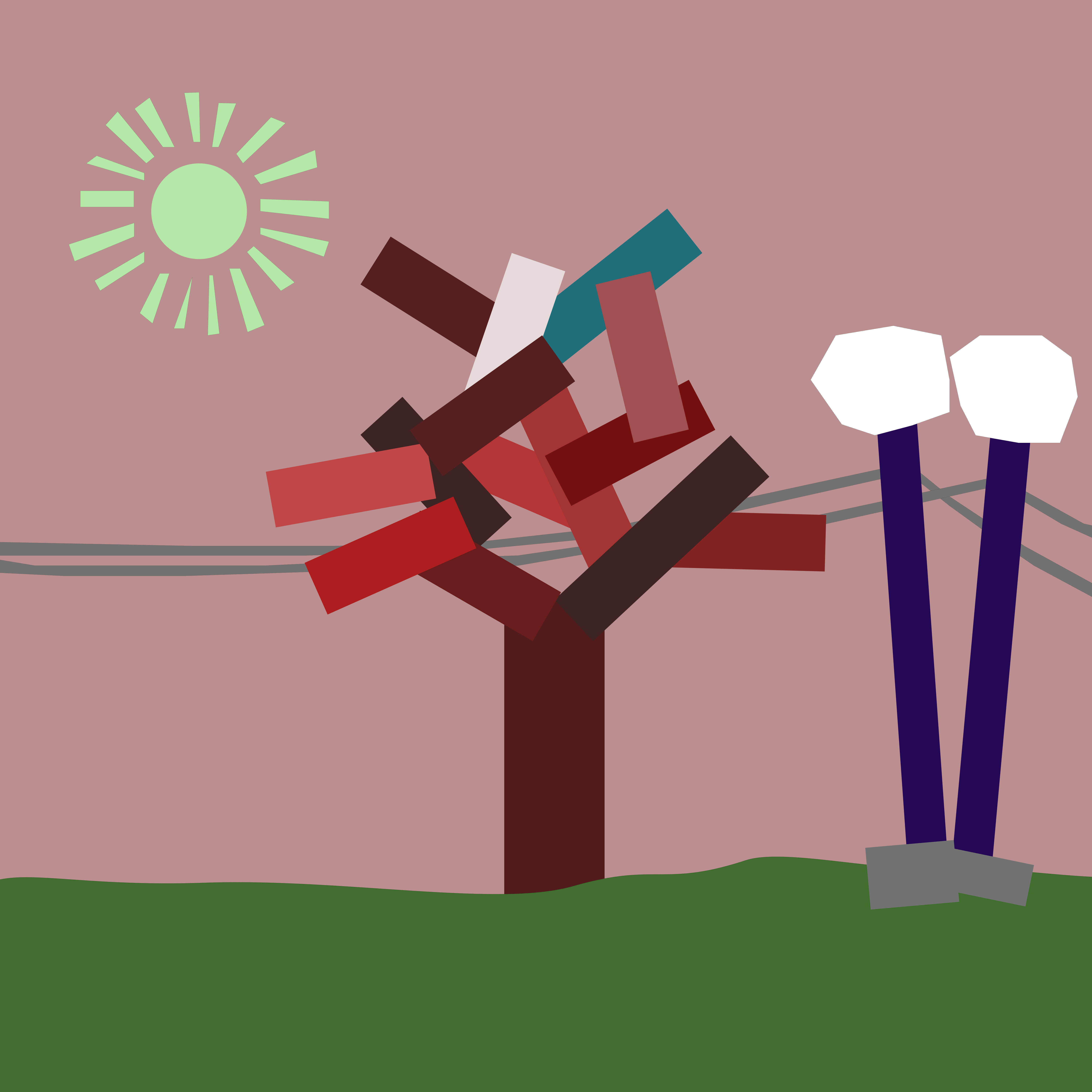 Abstract tree with sun and streetlights on wall