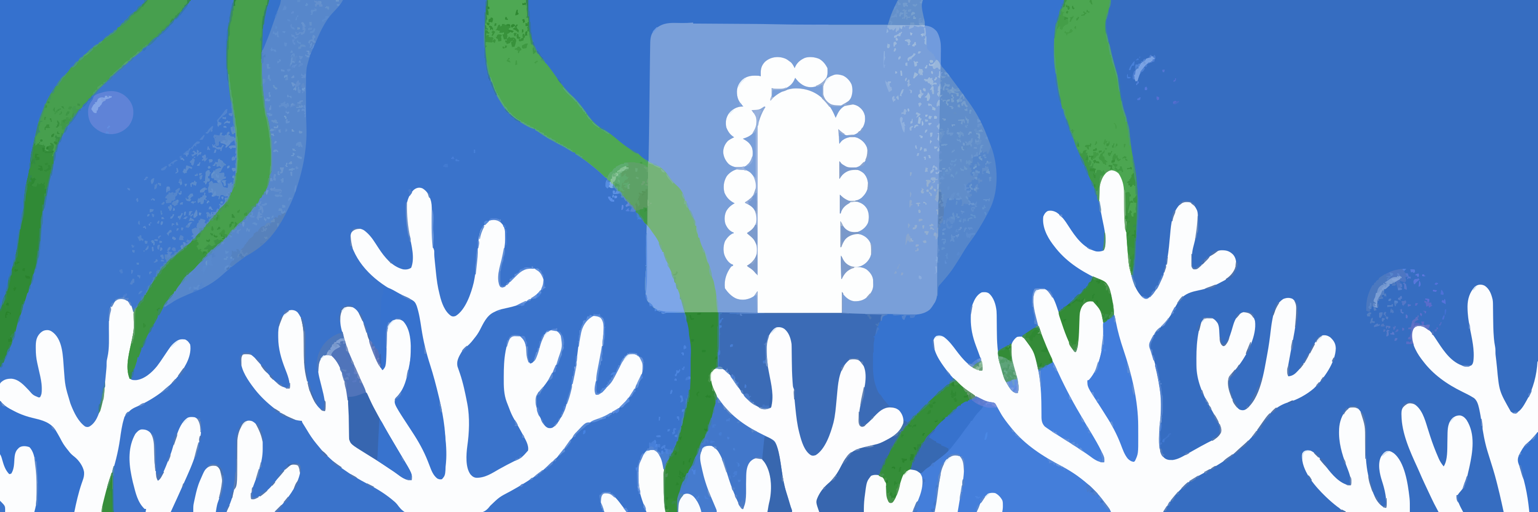 Stylized underwater scene with coral and kelp.