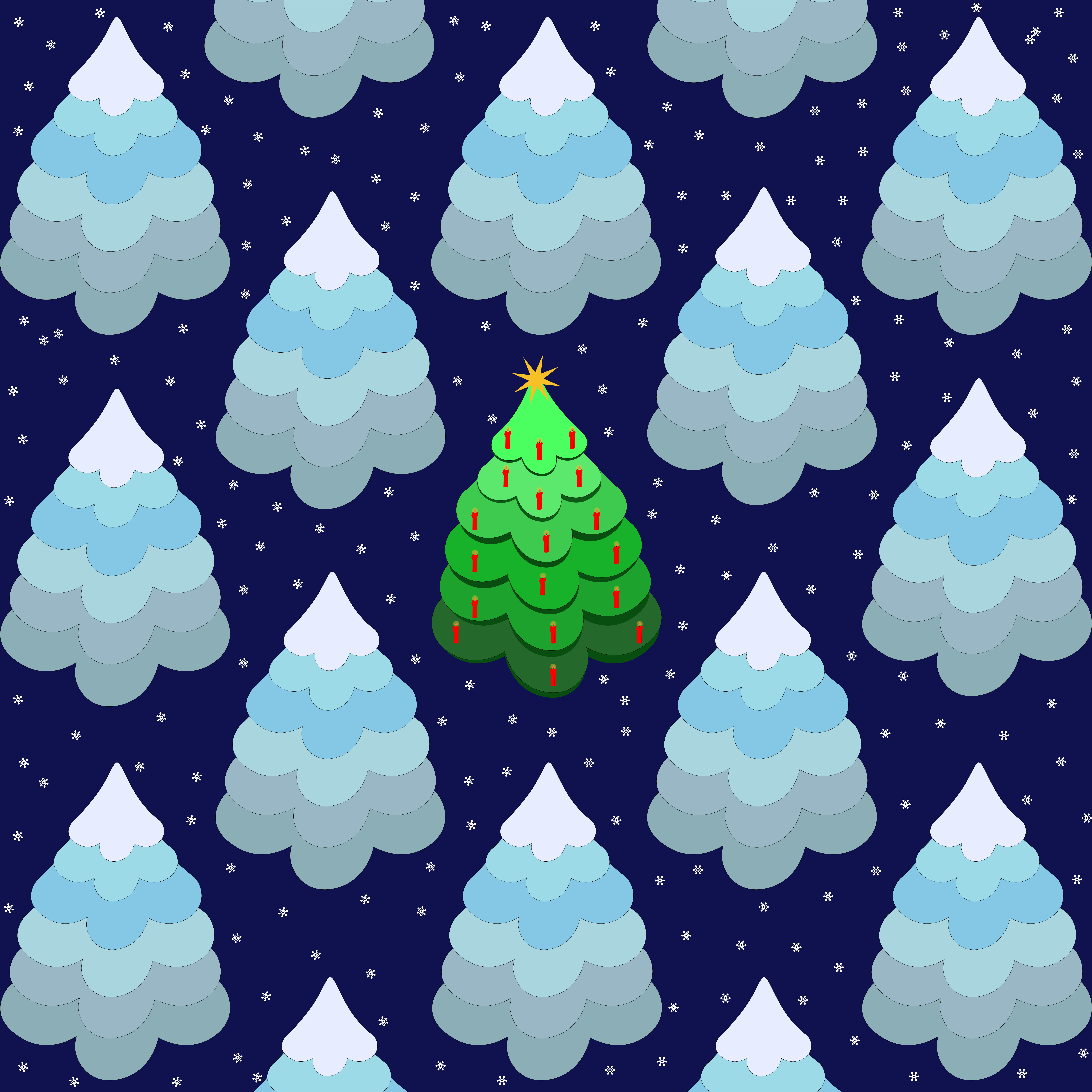 Ein Muster schneebedeckter Weihnachtsbäume in der Nacht.