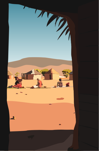 People working in a village under a clear sky.