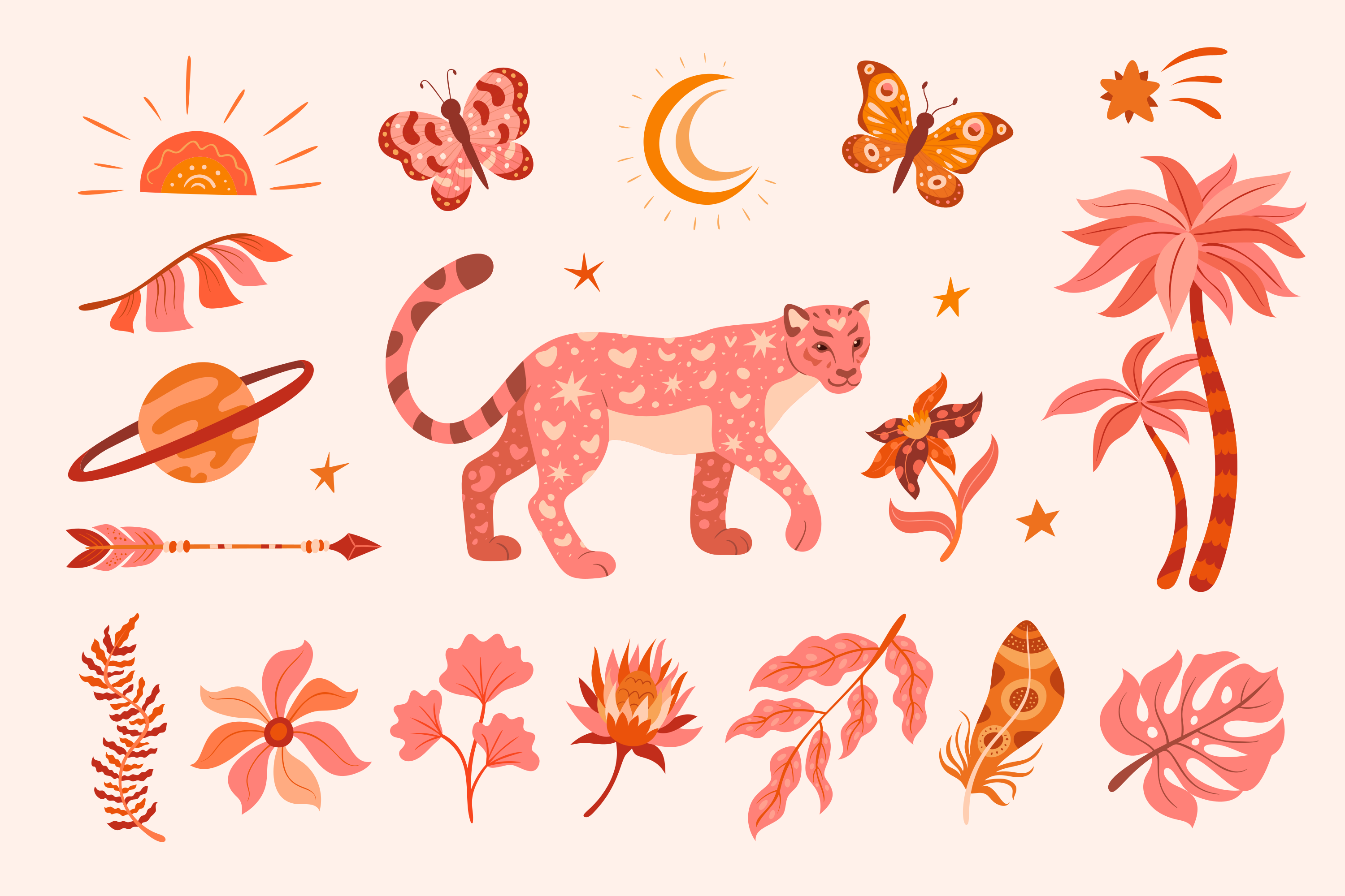 Boho-style collection of celestial and nature elements