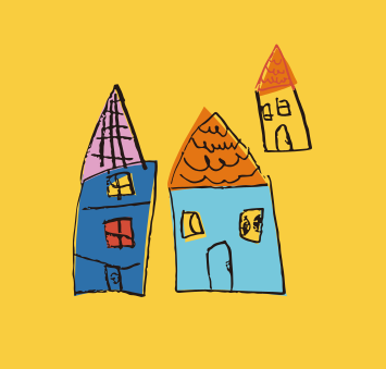 黄色い背景にカラフルなカートゥーンの家が3軒