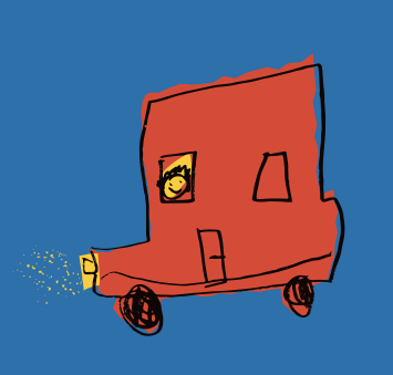 Child's drawing of a red car with a smiling driver.