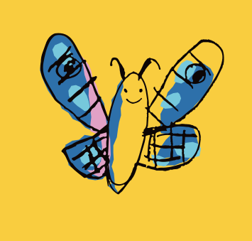 A colorful, childlike drawing of a butterfly.