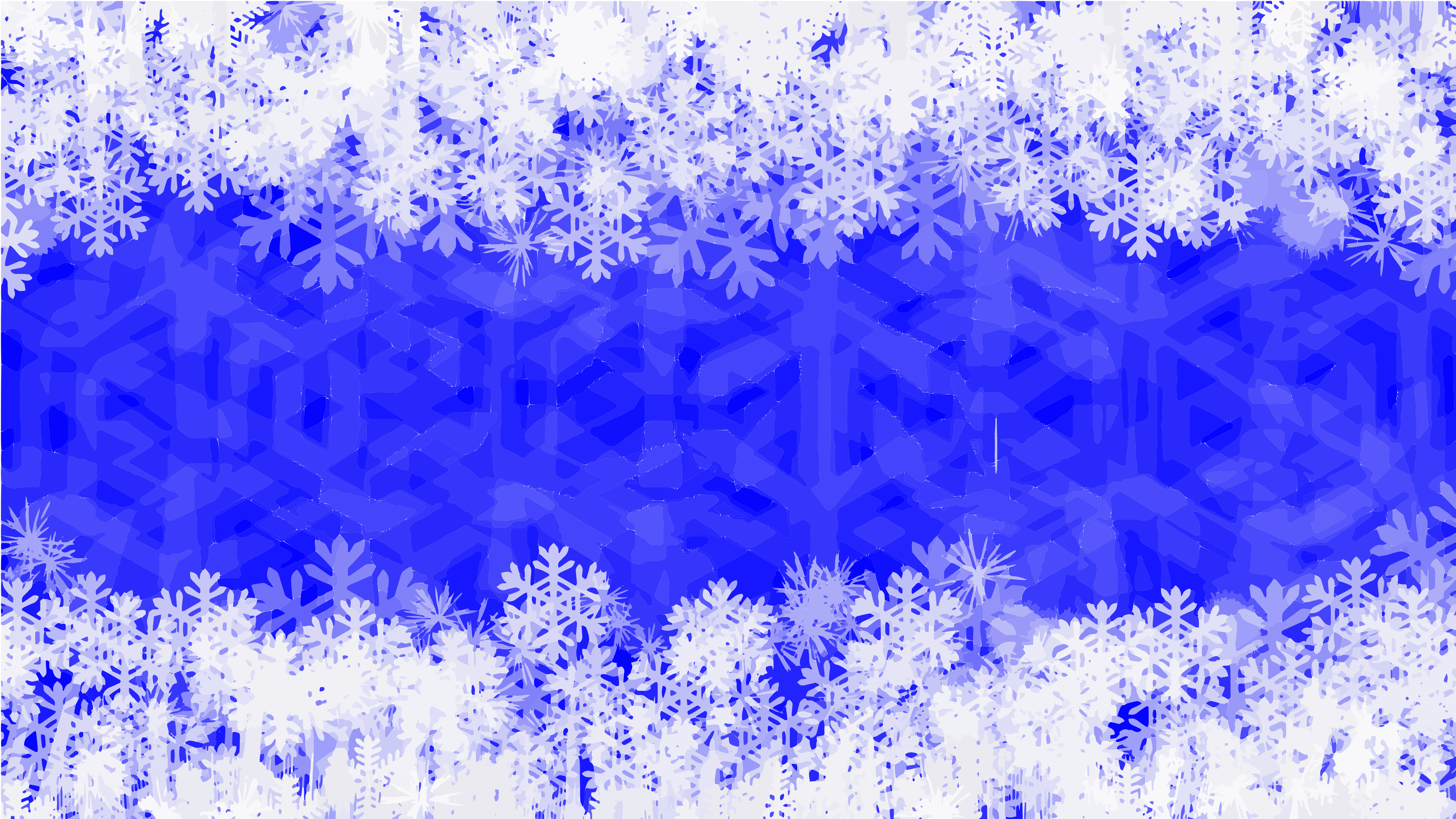 White snowflakes frame a vibrant blue background.